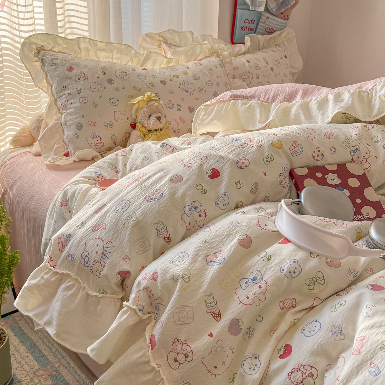 91家纺网 家纺一手货源 找家纺 （总）老K (原美阁） 2026新款木棉双层纱四件套卡通韩版公主风四件套