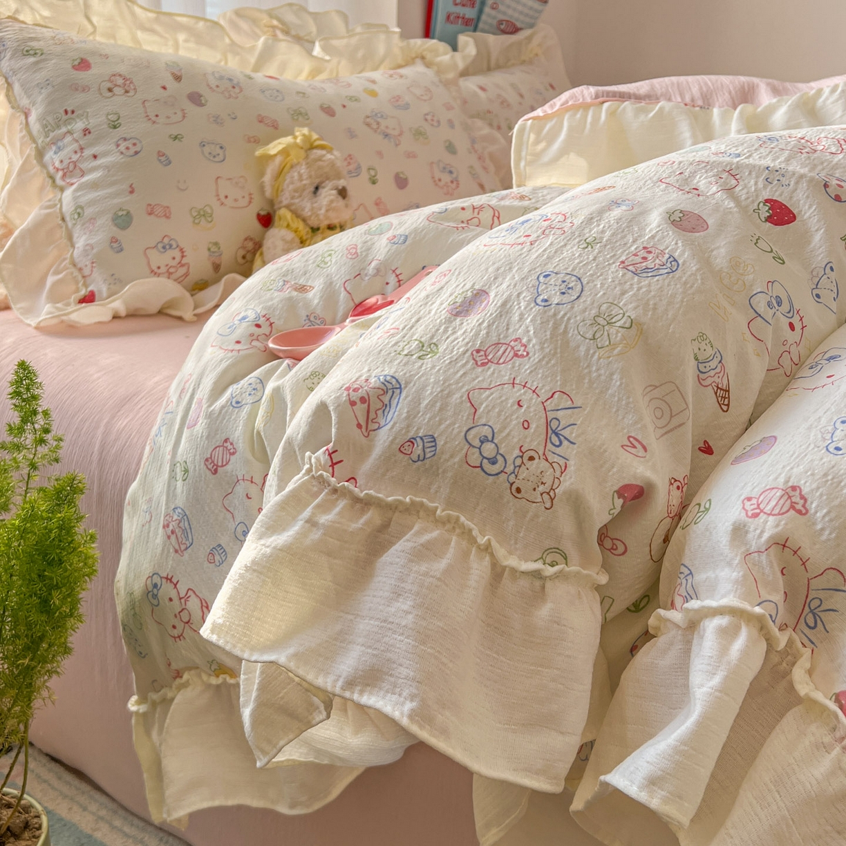 91家纺网 家纺一手货源 找家纺 （总）老K (原美阁） 2026新款木棉双层纱四件套卡通韩版公主风四件套