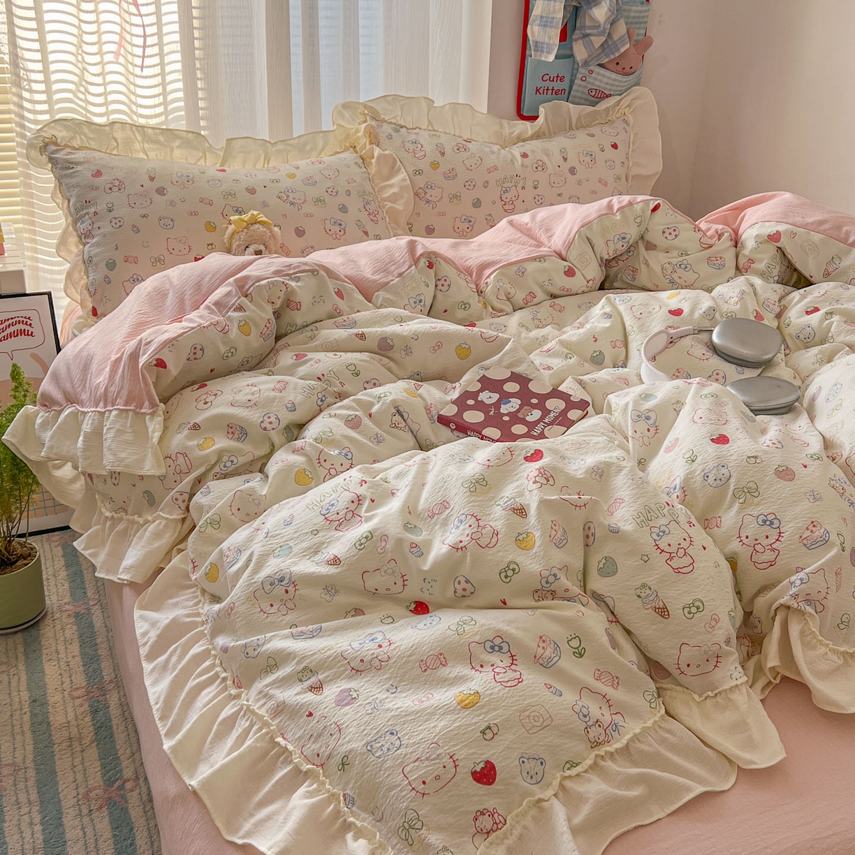 91家纺网 家纺一手货源 找家纺 （总）老K (原美阁） 2026新款木棉双层纱四件套卡通韩版公主风四件套