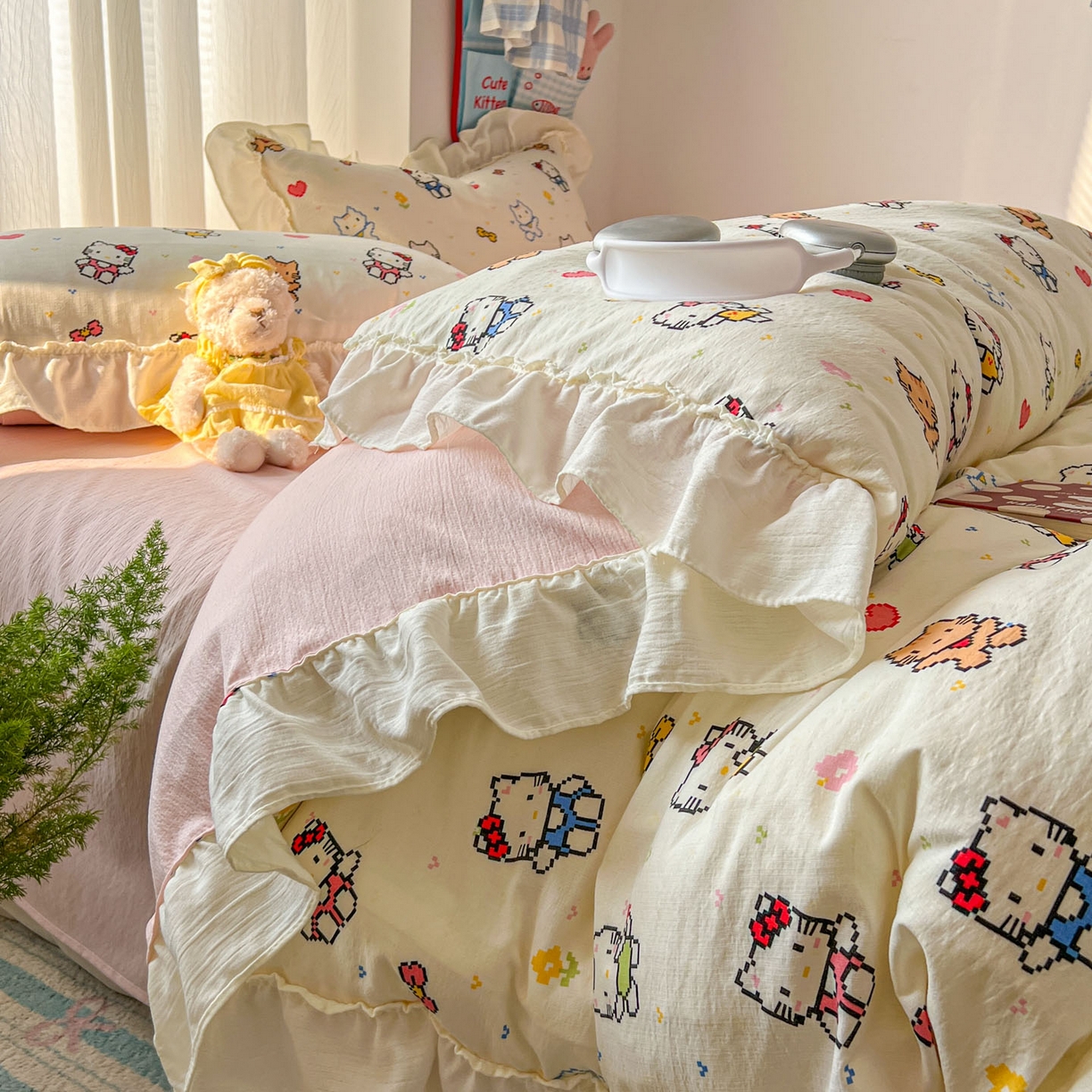 91家纺网 家纺一手货源 找家纺 老K (原美阁） 2026新款木棉双层纱四件套卡通韩版公主风四件套 爱心猫