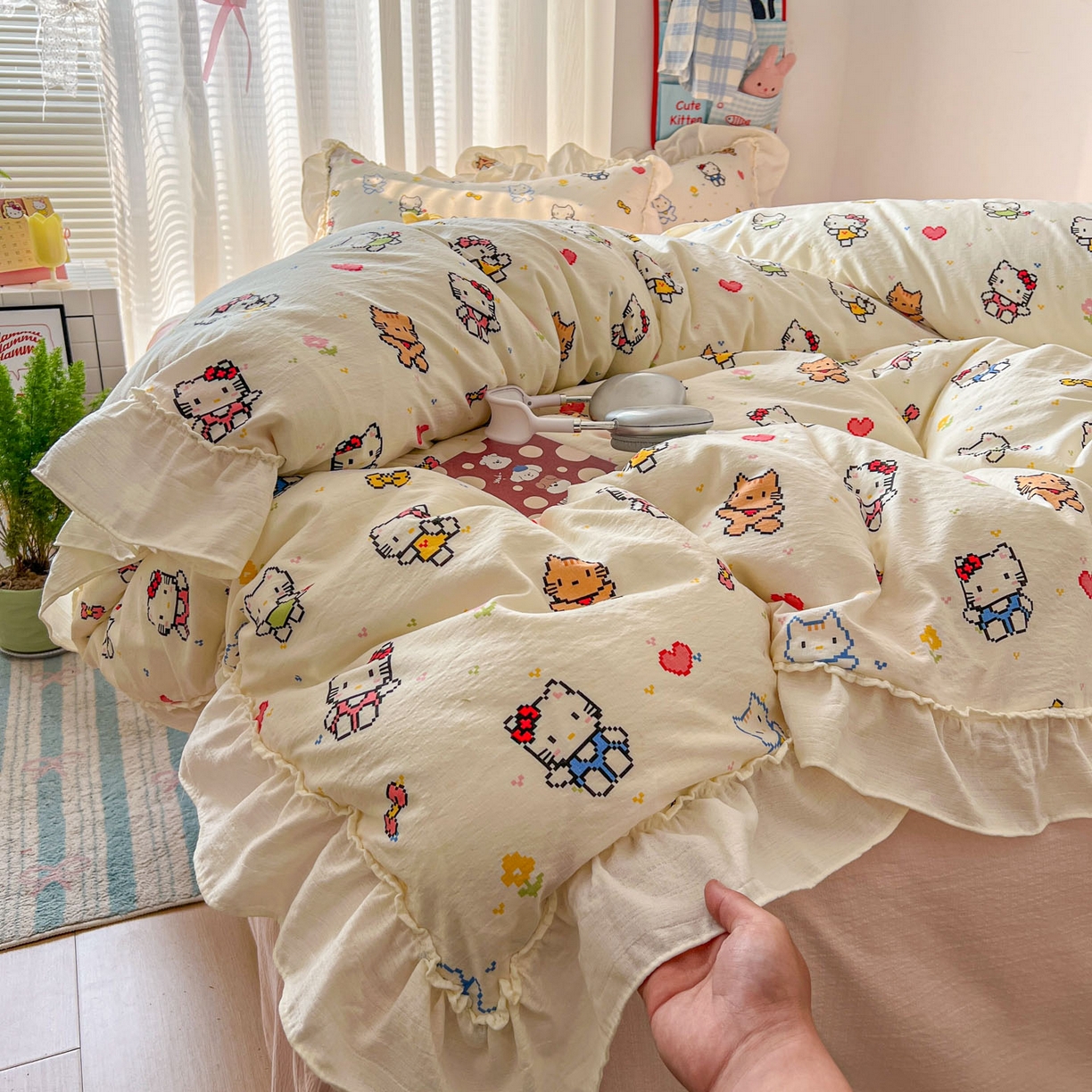 91家纺网 家纺一手货源 找家纺 老K (原美阁） 2026新款木棉双层纱四件套卡通韩版公主风四件套 爱心猫