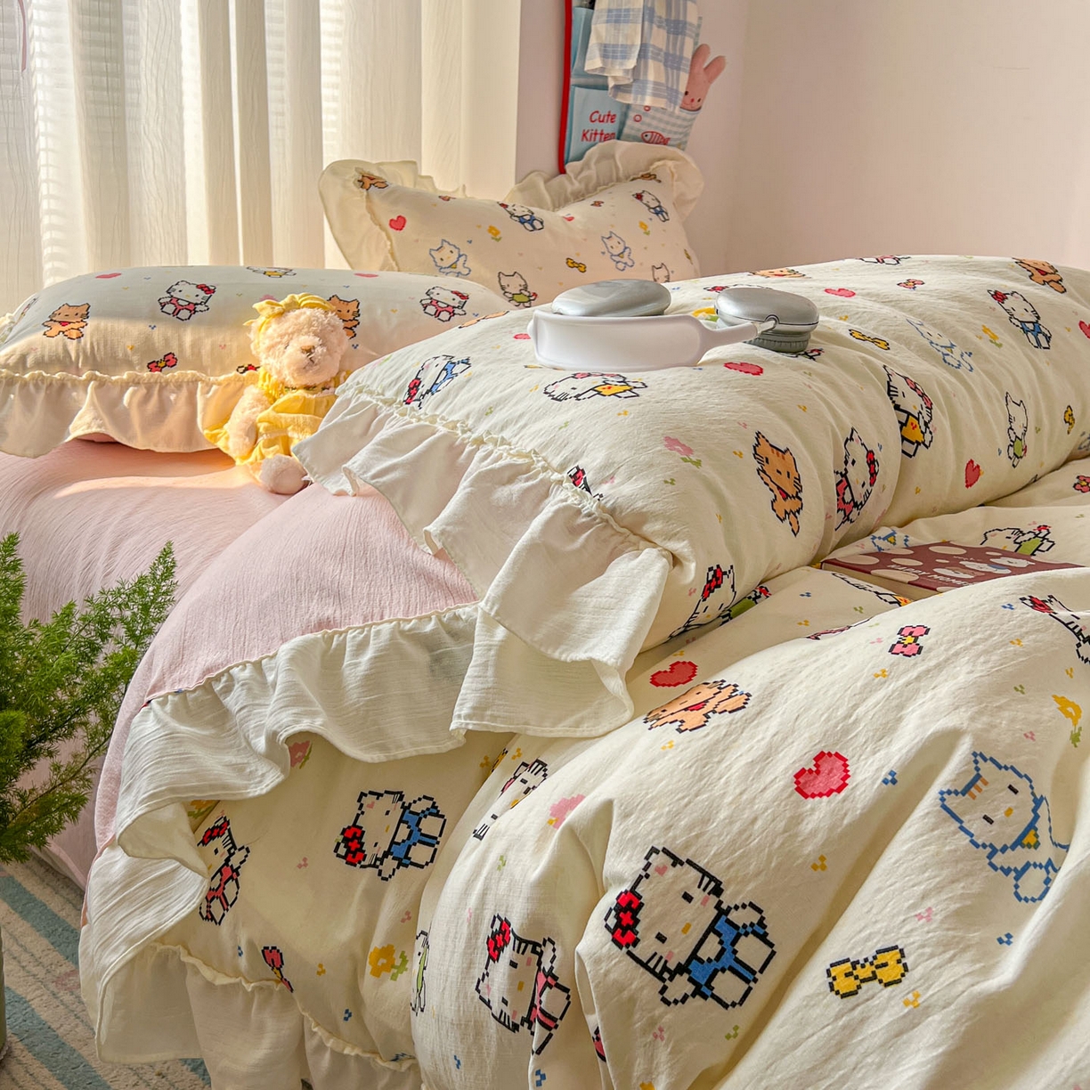 91家纺网 家纺一手货源 找家纺 老K (原美阁） 2026新款木棉双层纱四件套卡通韩版公主风四件套 爱心猫