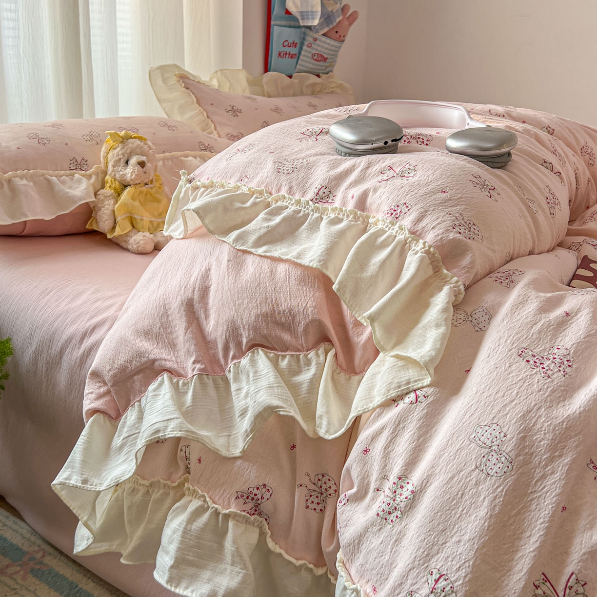 91家纺网 家纺一手货源 找家纺 老K (原美阁） 2026新款木棉双层纱四件套卡通韩版公主风四件套 初恋蝴蝶结