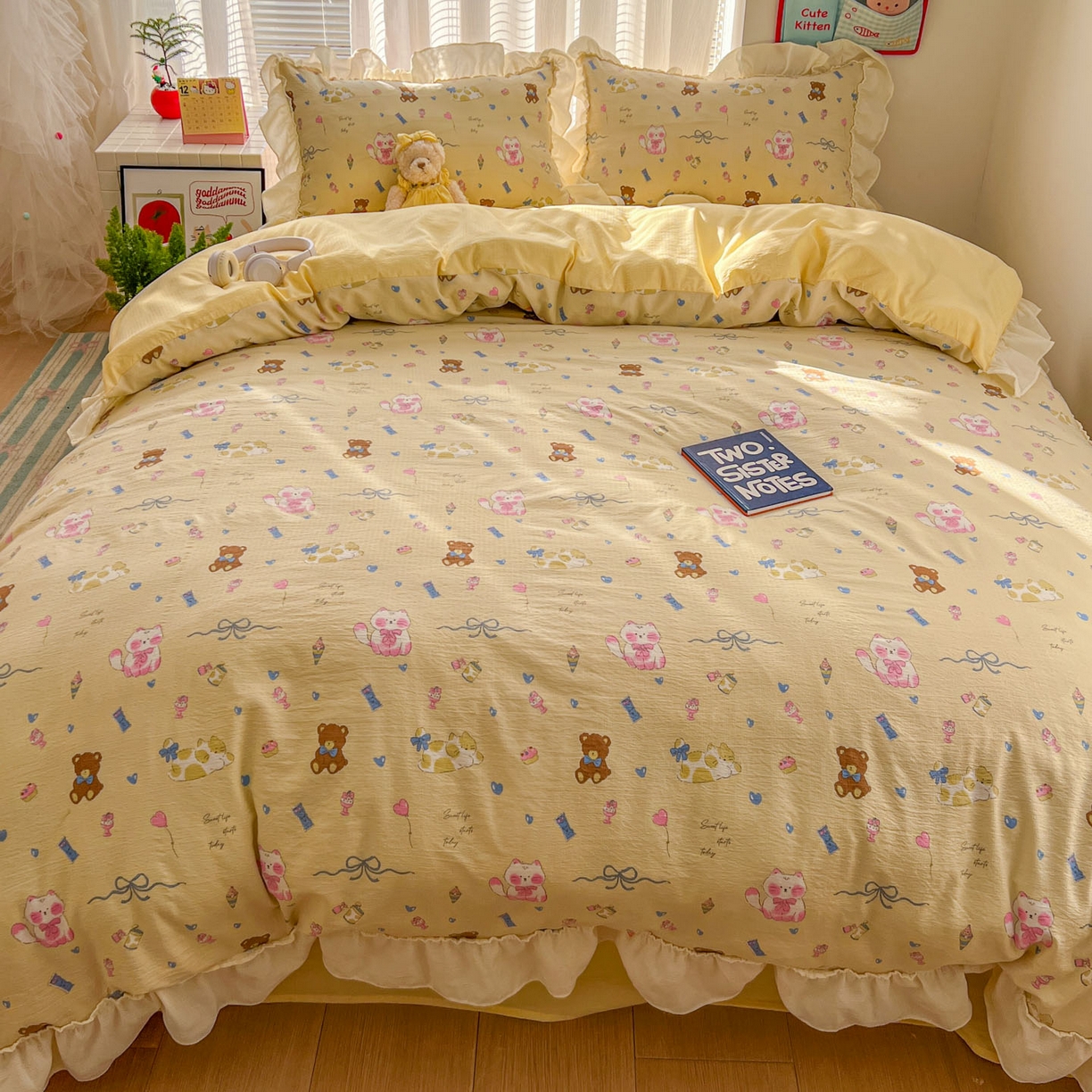 91家纺网 家纺一手货源 找家纺 老K (原美阁） 2026新款木棉双层纱四件套卡通韩版公主风四件套 抱抱熊