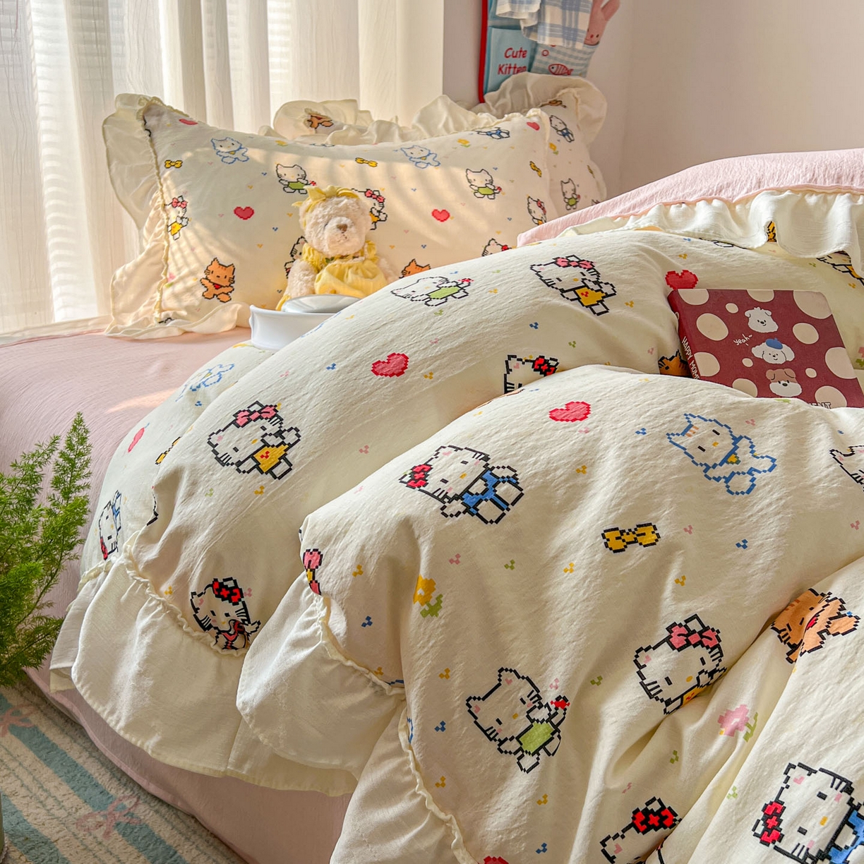 91家纺网 家纺一手货源 找家纺 老K (原美阁） 2026新款木棉双层纱四件套卡通韩版公主风四件套 爱心猫