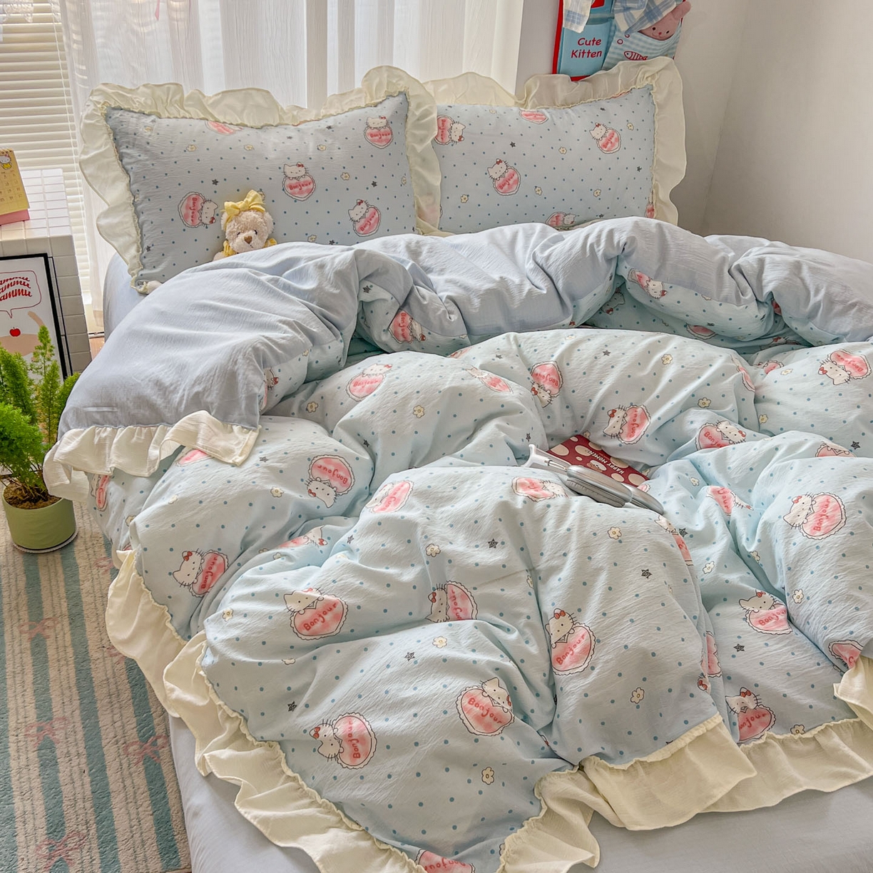 91家纺网 家纺一手货源 找家纺 老K (原美阁） 2026新款木棉双层纱四件套卡通韩版公主风四件套 小蓝猫