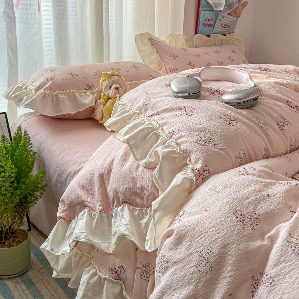 91家纺网 家纺一手货源 找家纺 老K (原美阁） 2026新款木棉双层纱四件套卡通韩版公主风四件套 初恋蝴蝶结