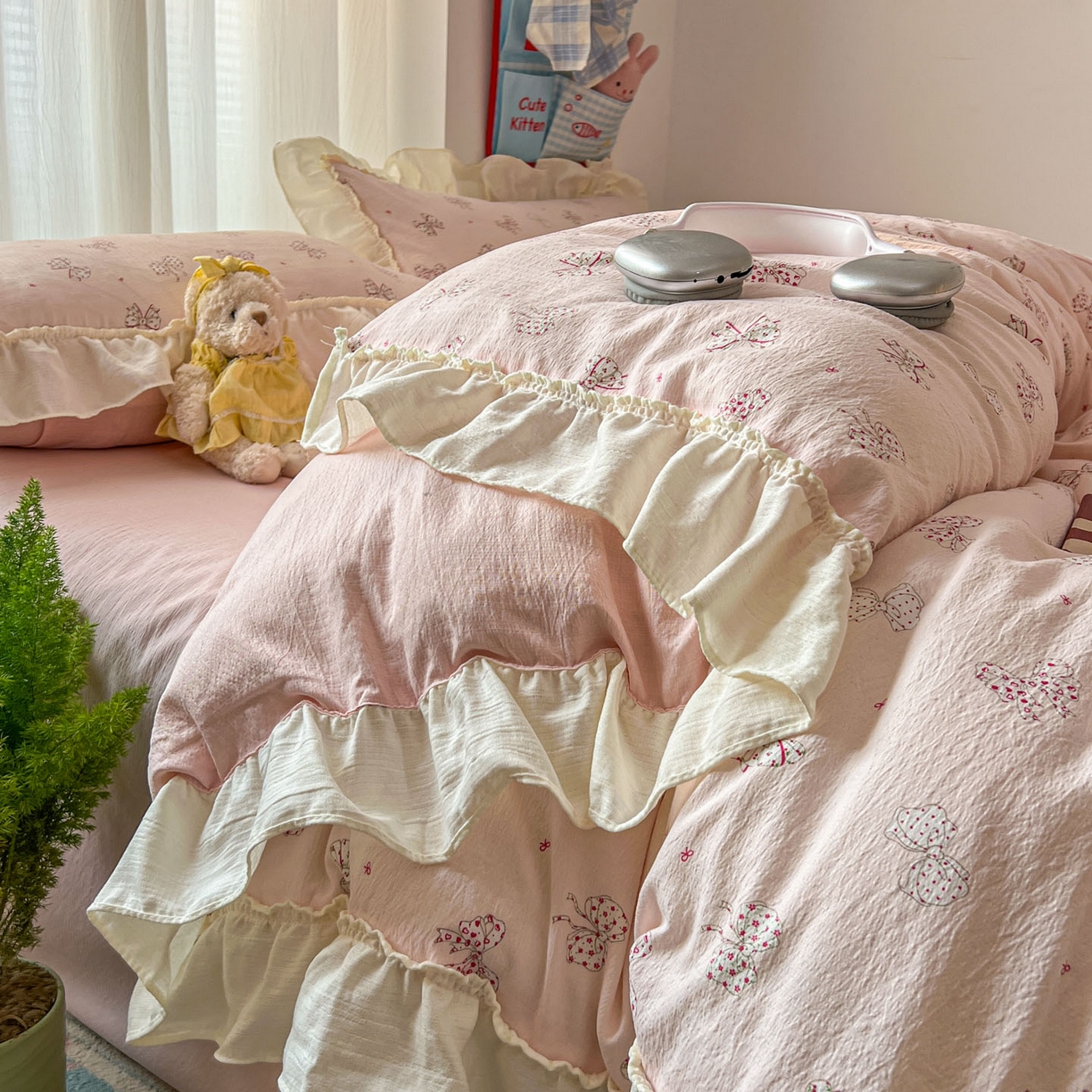 91家纺网 家纺一手货源 找家纺 老K (原美阁） 2026新款木棉双层纱四件套卡通韩版公主风四件套 初恋蝴蝶结