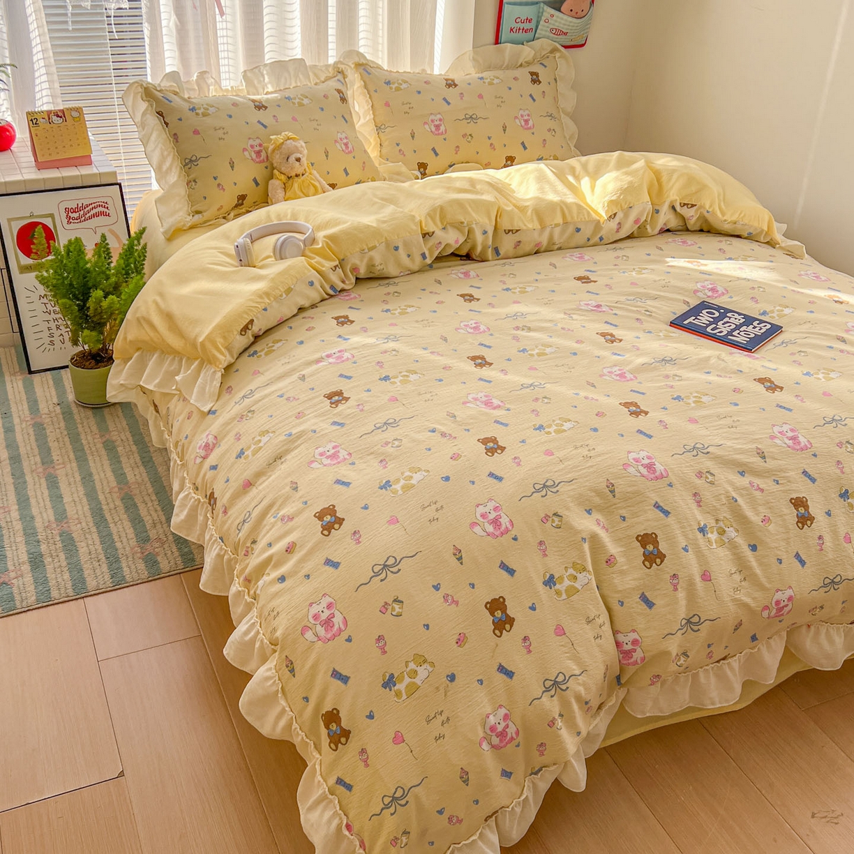 91家纺网 家纺一手货源 找家纺 老K (原美阁） 2026新款木棉双层纱四件套卡通韩版公主风四件套 抱抱熊