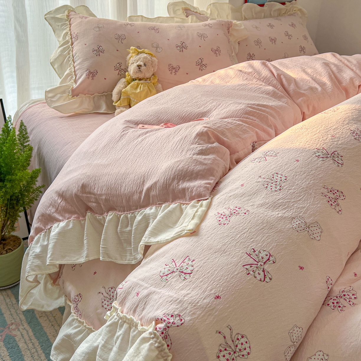 91家纺网 家纺一手货源 找家纺 老K (原美阁） 2026新款木棉双层纱四件套卡通韩版公主风四件套 初恋蝴蝶结