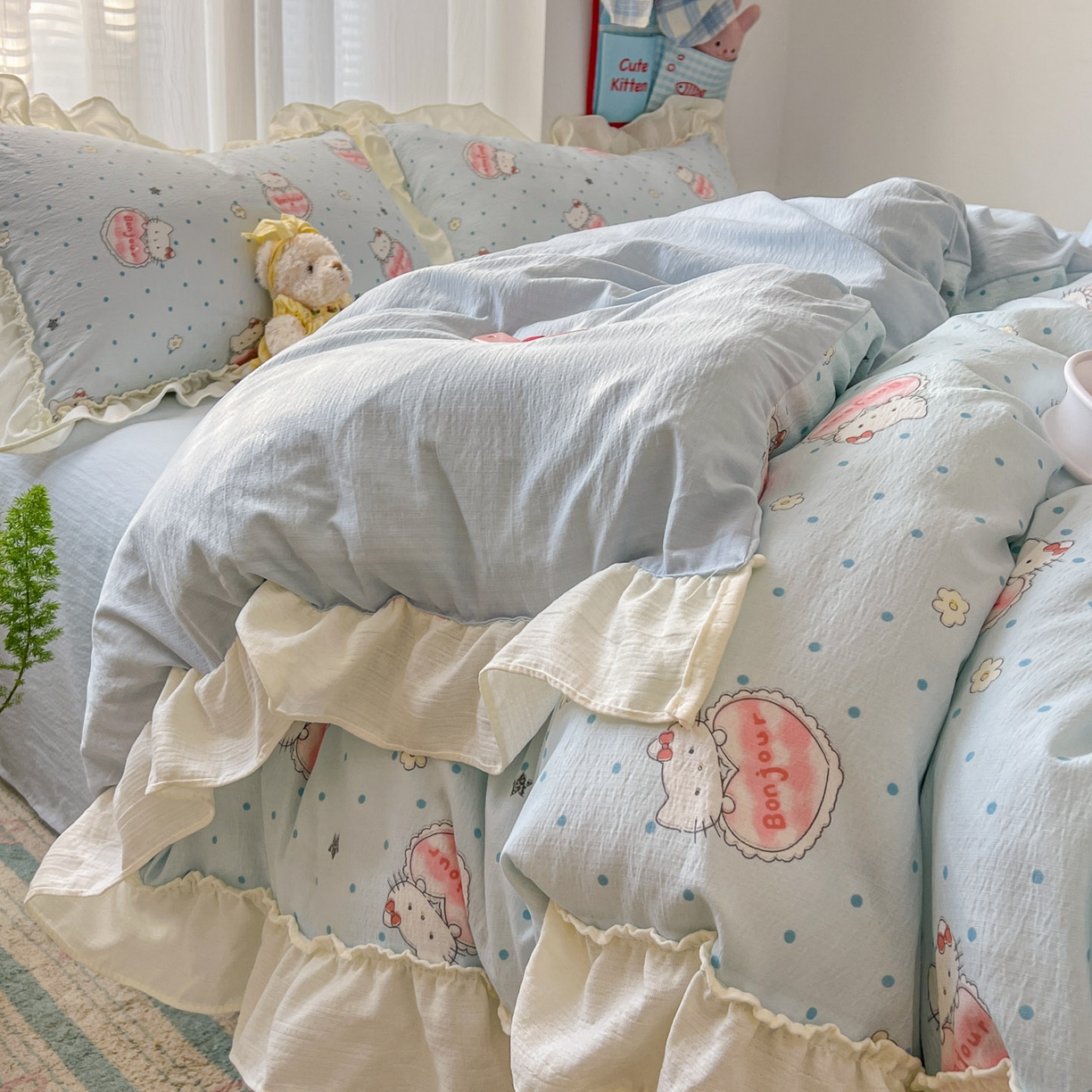 91家纺网 家纺一手货源 找家纺 老K (原美阁） 2026新款木棉双层纱四件套卡通韩版公主风四件套 小蓝猫