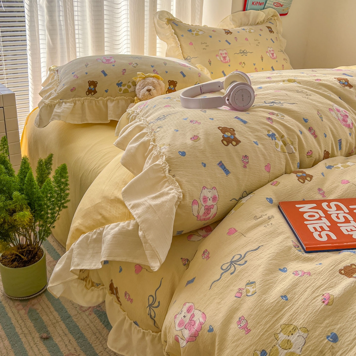 91家纺网 家纺一手货源 找家纺 老K (原美阁） 2026新款木棉双层纱四件套卡通韩版公主风四件套 抱抱熊