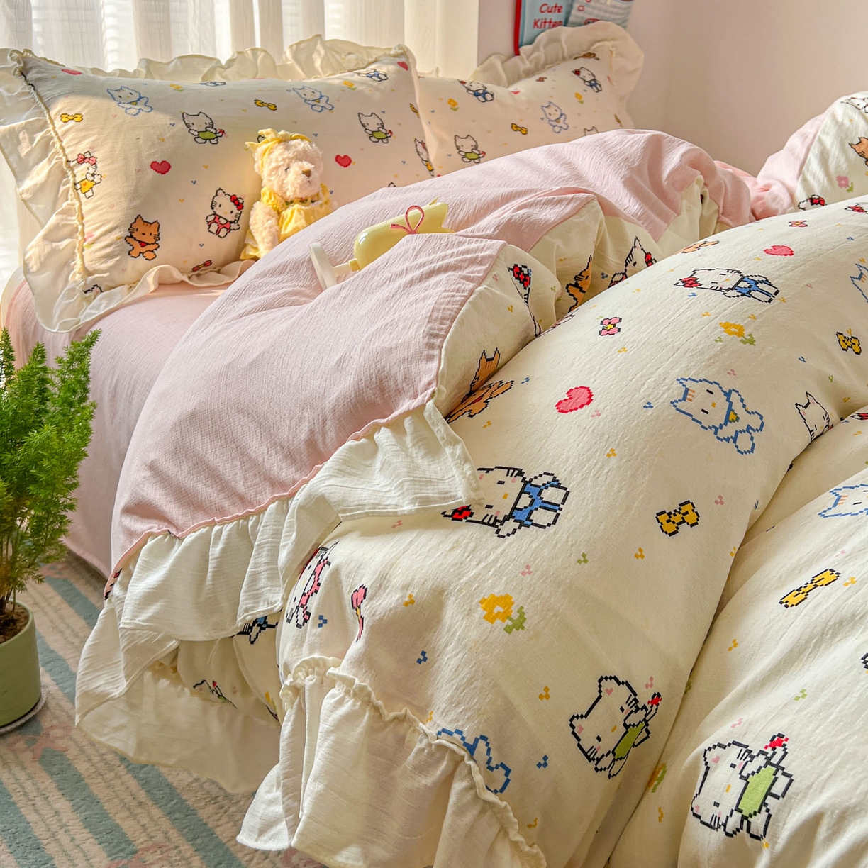 91家纺网 家纺一手货源 找家纺 老K (原美阁） 2026新款木棉双层纱四件套卡通韩版公主风四件套 爱心猫