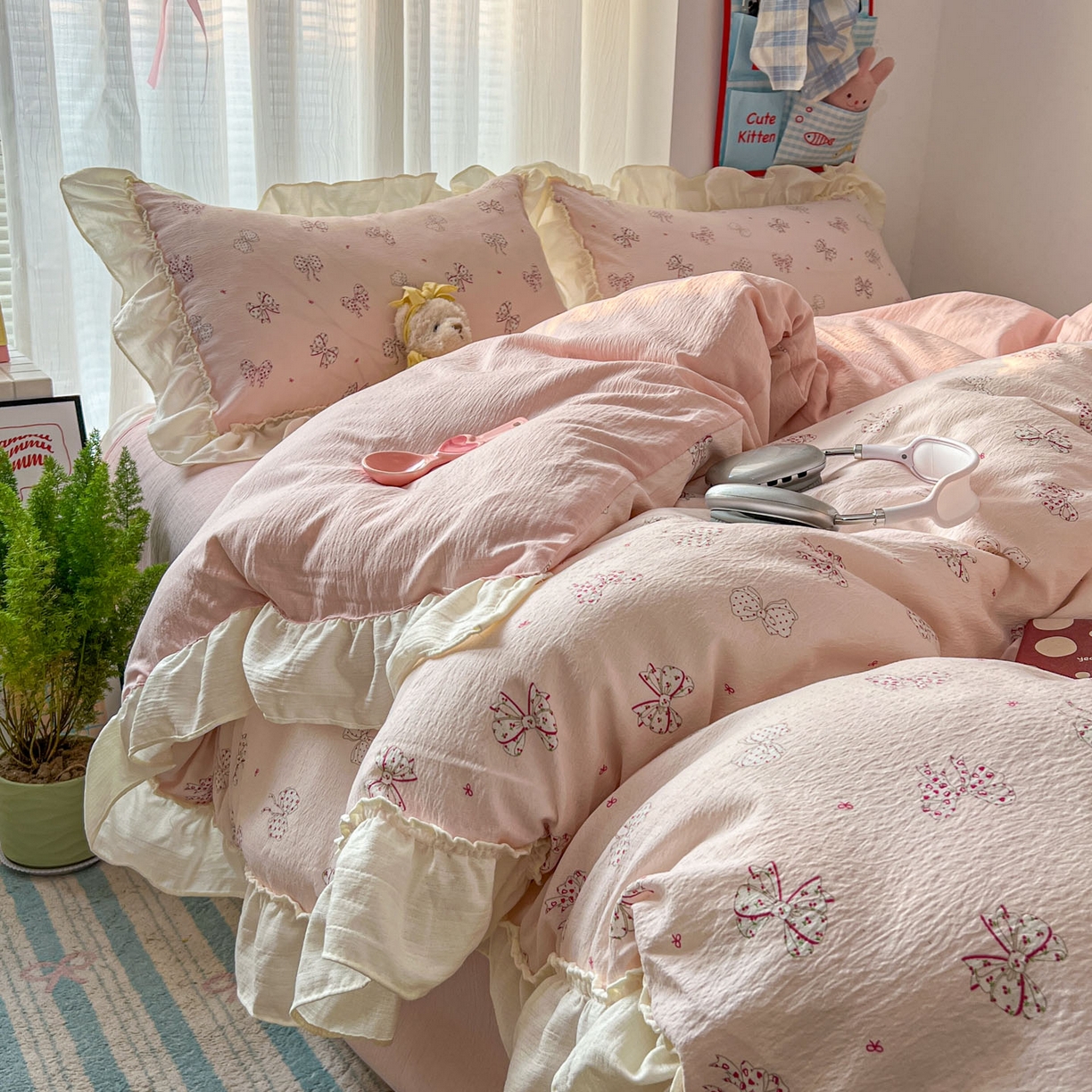 91家纺网 家纺一手货源 找家纺 老K (原美阁） 2026新款木棉双层纱四件套卡通韩版公主风四件套 初恋蝴蝶结