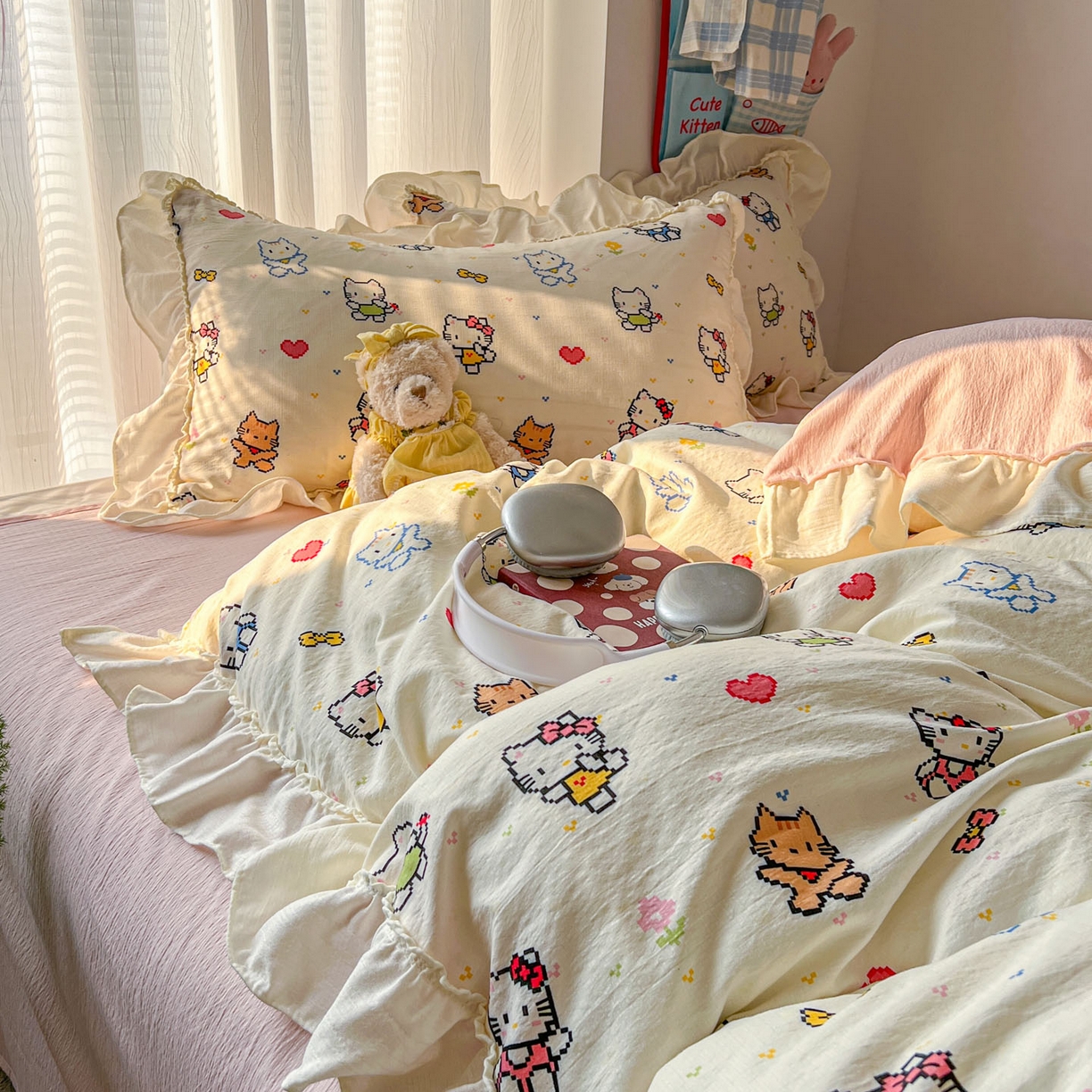 91家纺网 家纺一手货源 找家纺 老K (原美阁） 2026新款木棉双层纱四件套卡通韩版公主风四件套 爱心猫