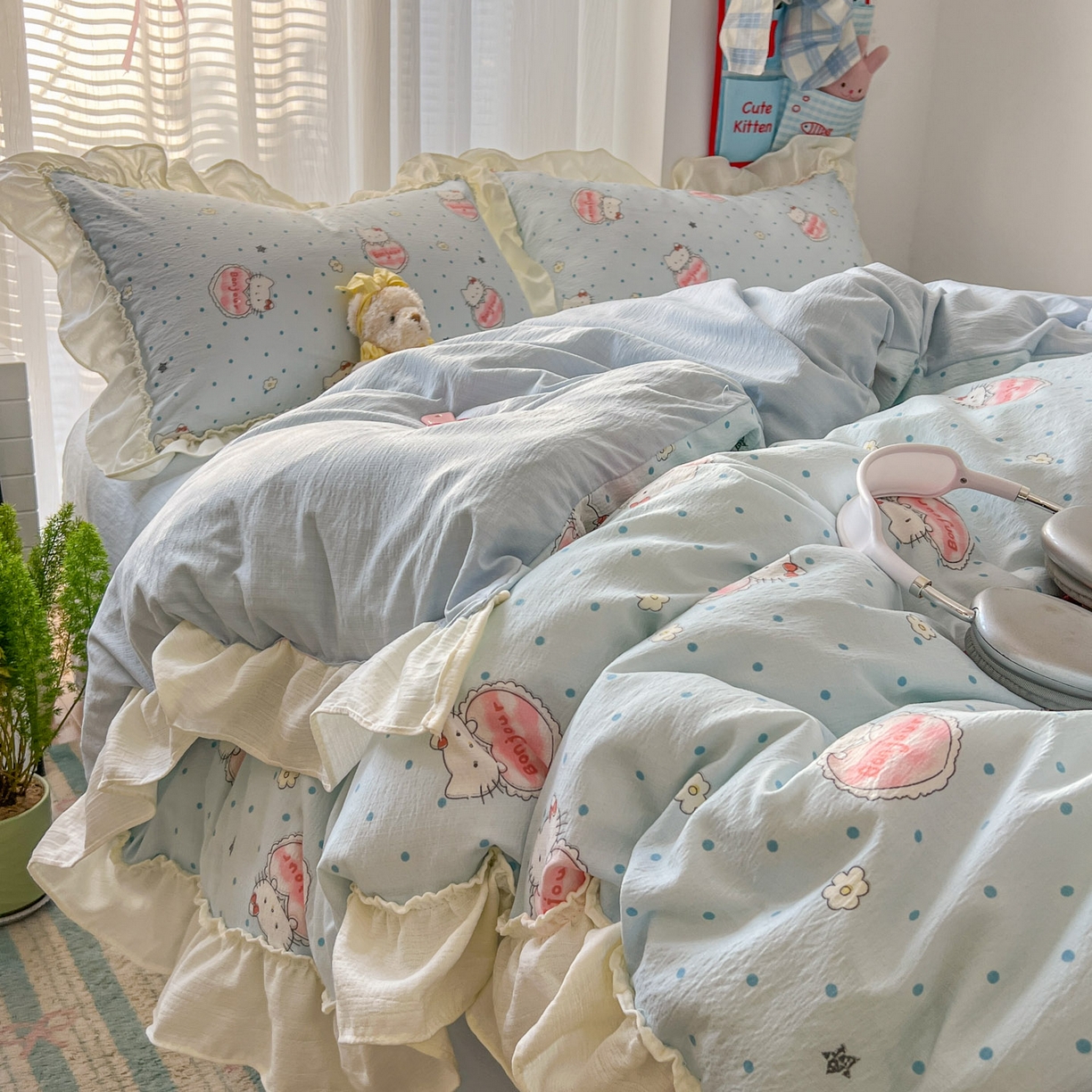 老K (原美阁） 2026新款木棉双层纱四件套卡通韩版公主风四件套 小蓝猫