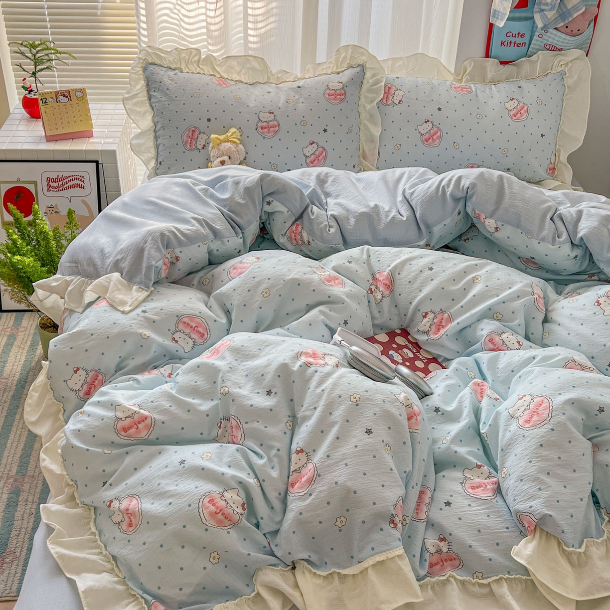 91家纺网 家纺一手货源 找家纺 老K (原美阁） 2026新款木棉双层纱四件套卡通韩版公主风四件套 小蓝猫