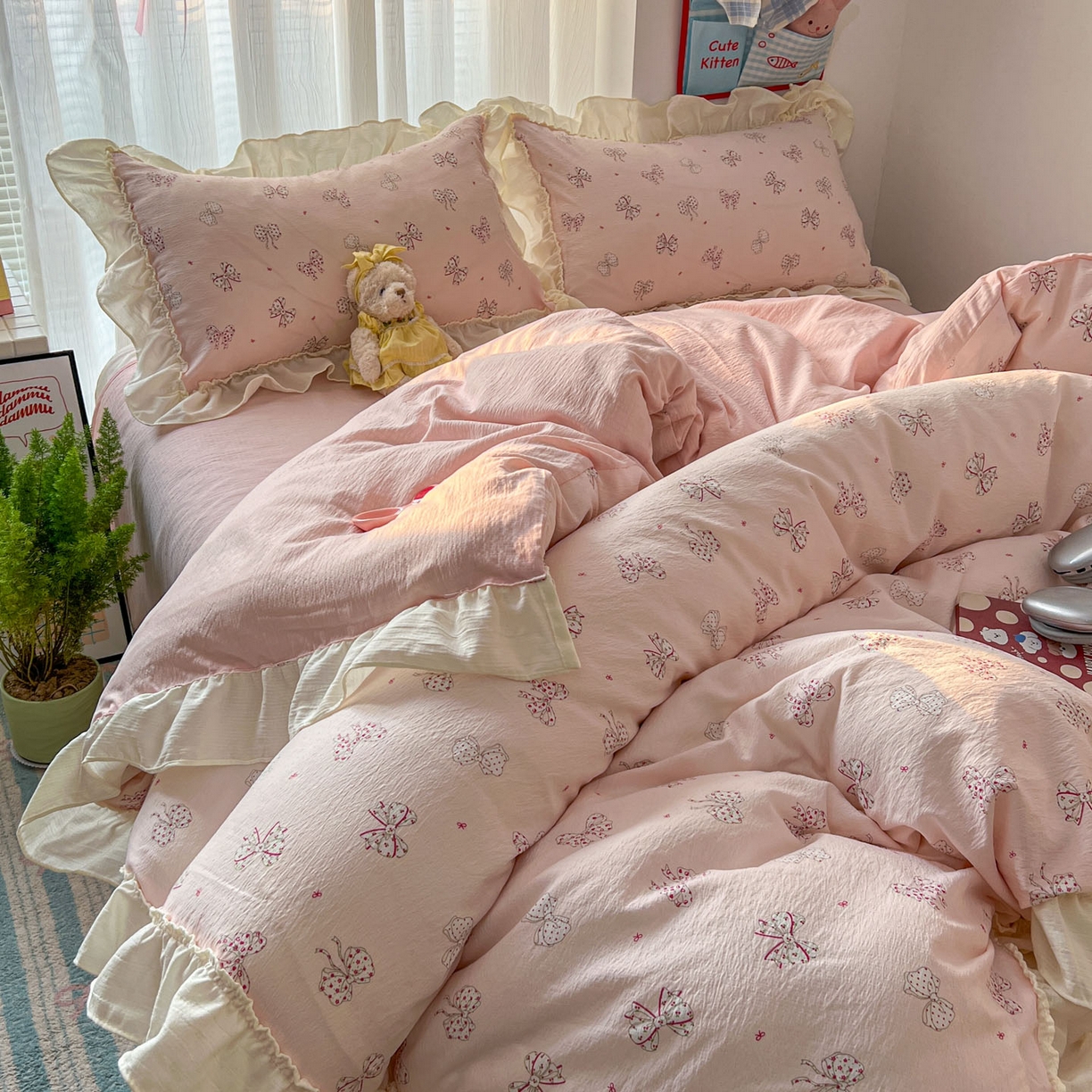 91家纺网 家纺一手货源 找家纺 老K (原美阁） 2026新款木棉双层纱四件套卡通韩版公主风四件套 初恋蝴蝶结