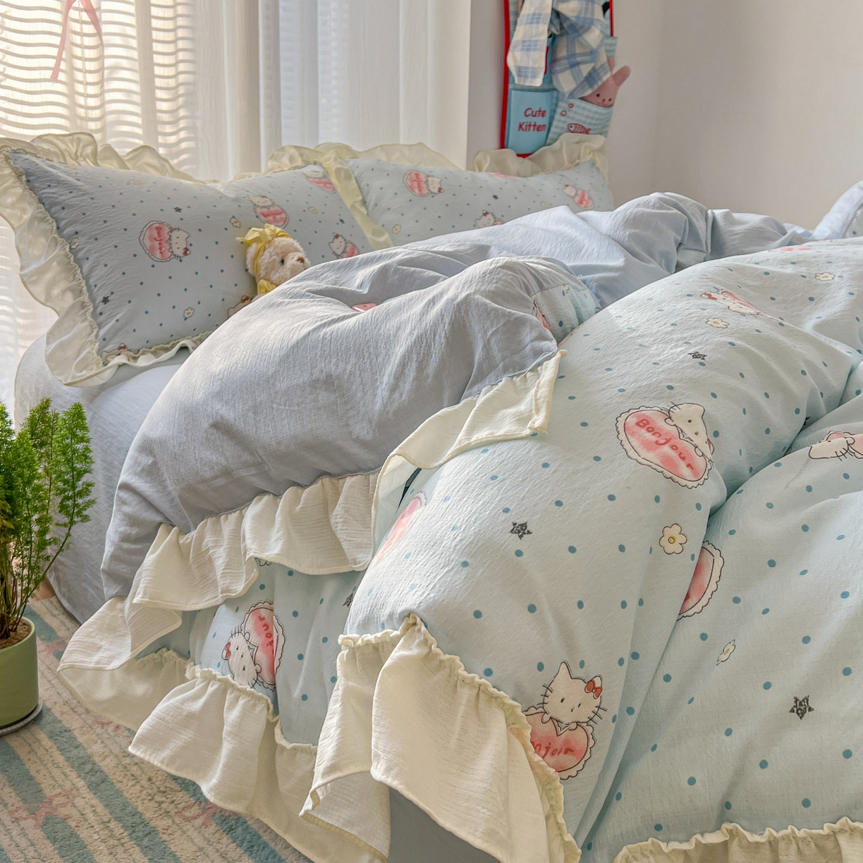 91家纺网 家纺一手货源 找家纺 老K (原美阁） 2026新款木棉双层纱四件套卡通韩版公主风四件套 小蓝猫