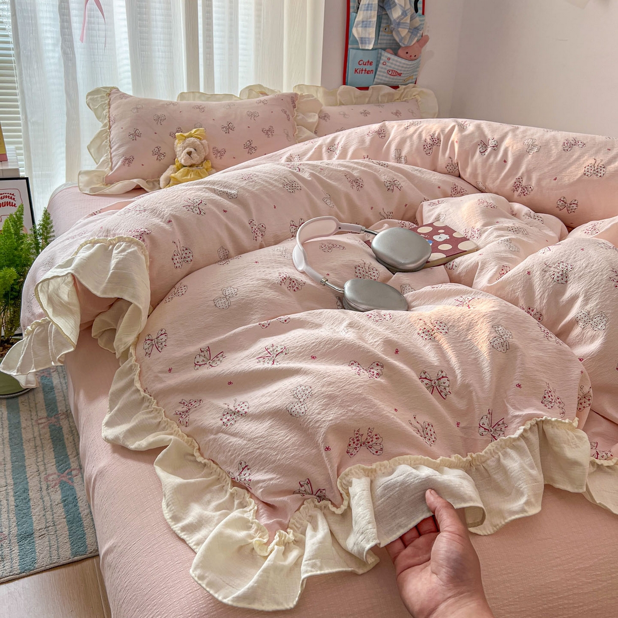 91家纺网 家纺一手货源 找家纺 老K (原美阁） 2026新款木棉双层纱四件套卡通韩版公主风四件套 初恋蝴蝶结