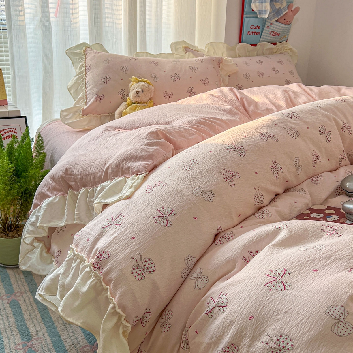 91家纺网 家纺一手货源 找家纺 老K (原美阁） 2026新款木棉双层纱四件套卡通韩版公主风四件套 初恋蝴蝶结