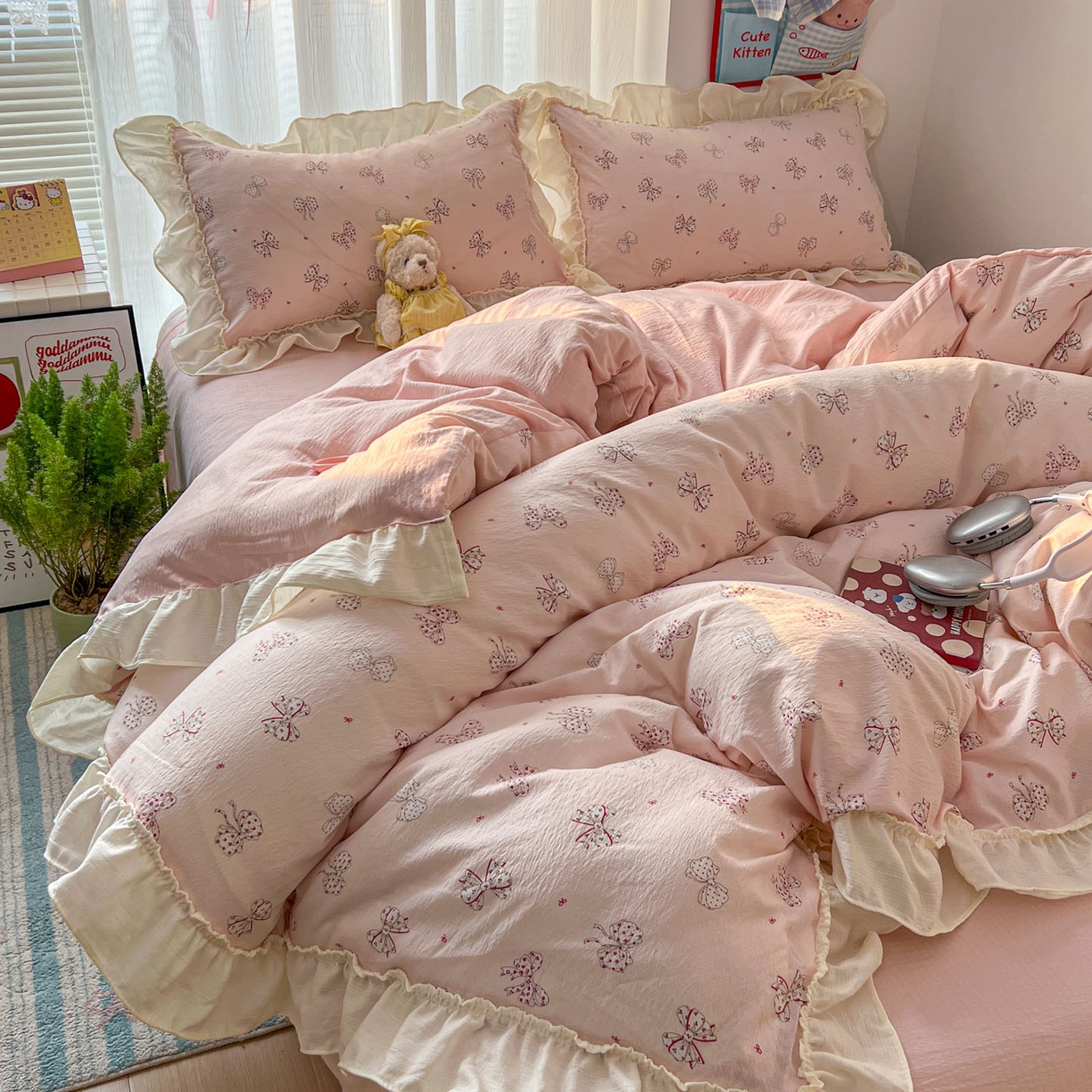 91家纺网 家纺一手货源 找家纺 老K (原美阁） 2026新款木棉双层纱四件套卡通韩版公主风四件套 初恋蝴蝶结