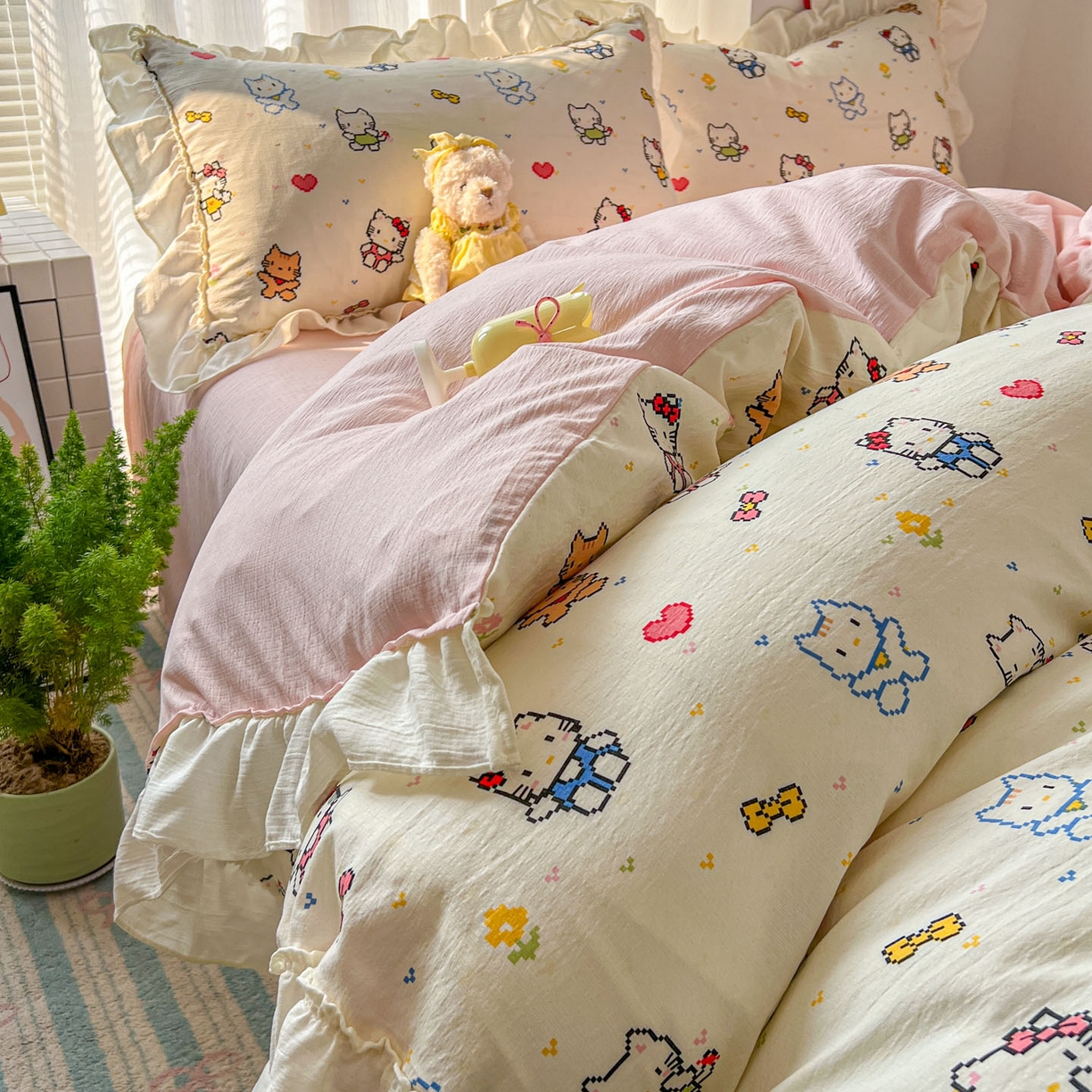 91家纺网 家纺一手货源 找家纺 老K (原美阁） 2026新款木棉双层纱四件套卡通韩版公主风四件套 爱心猫