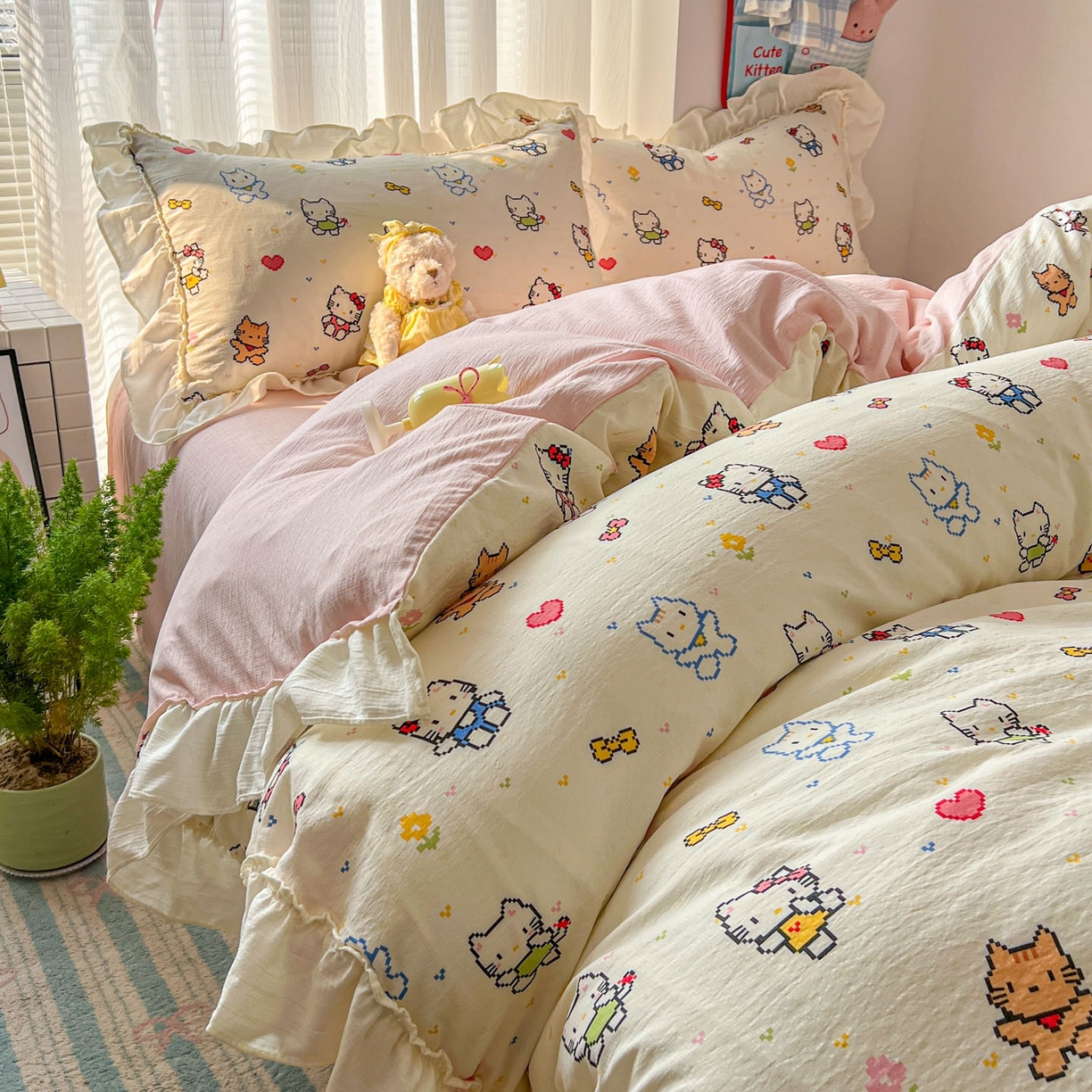 91家纺网 家纺一手货源 找家纺 老K (原美阁） 2026新款木棉双层纱四件套卡通韩版公主风四件套 爱心猫