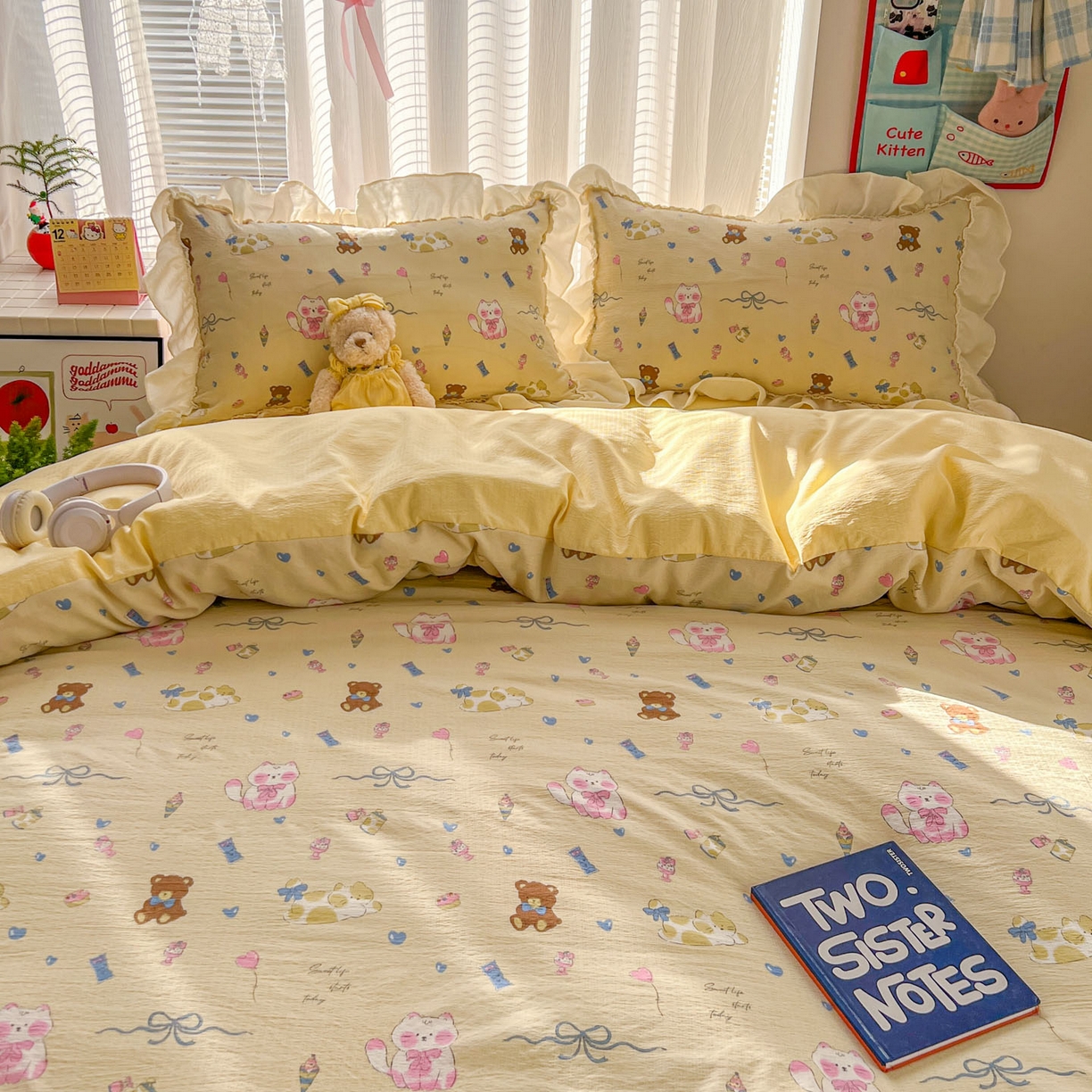 91家纺网 家纺一手货源 找家纺 老K (原美阁） 2026新款木棉双层纱四件套卡通韩版公主风四件套 抱抱熊