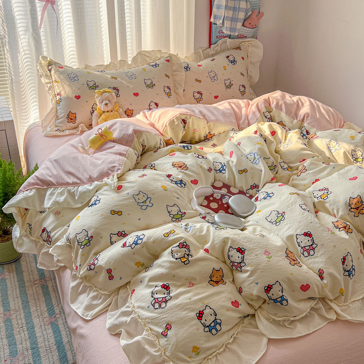 91家纺网 家纺一手货源 找家纺 老K (原美阁） 2026新款木棉双层纱四件套卡通韩版公主风四件套 爱心猫