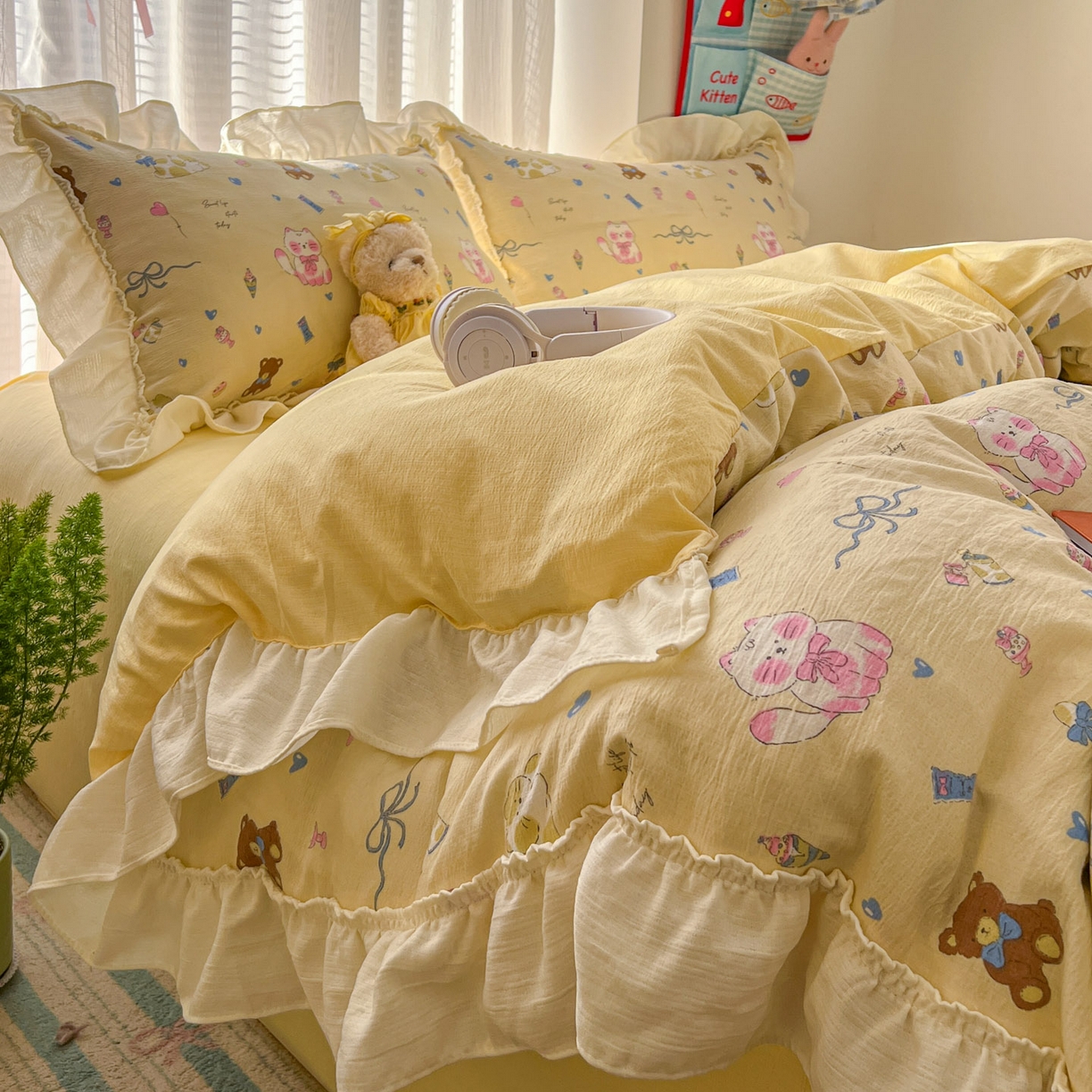 老K (原美阁） 2026新款木棉双层纱四件套卡通韩版公主风四件套 抱抱熊