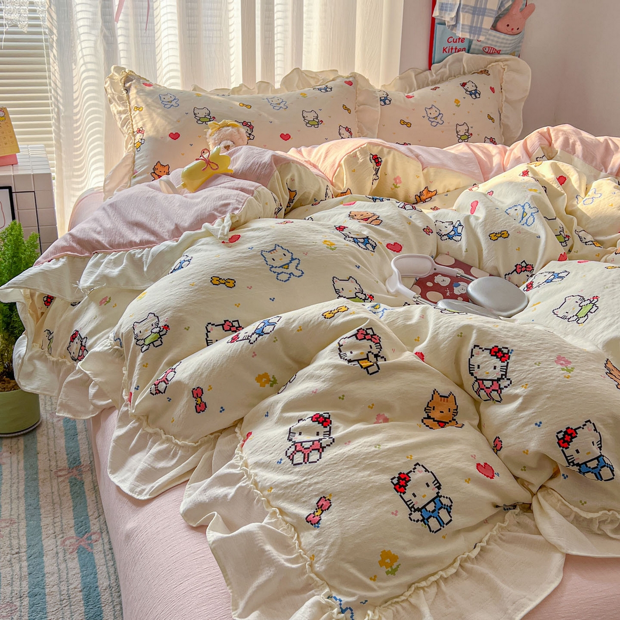 91家纺网 家纺一手货源 找家纺 老K (原美阁） 2026新款木棉双层纱四件套卡通韩版公主风四件套 爱心猫