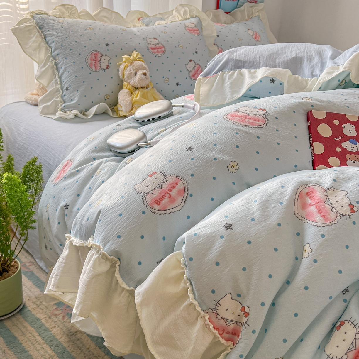 91家纺网 家纺一手货源 找家纺 老K (原美阁） 2026新款木棉双层纱四件套卡通韩版公主风四件套 小蓝猫