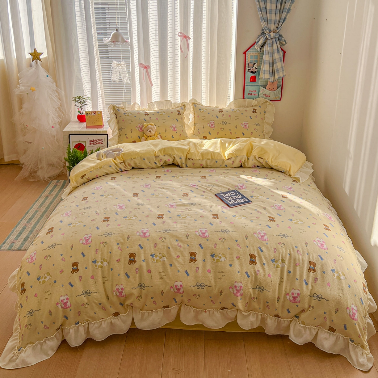 91家纺网 家纺一手货源 找家纺 老K (原美阁） 2026新款木棉双层纱四件套卡通韩版公主风四件套 抱抱熊