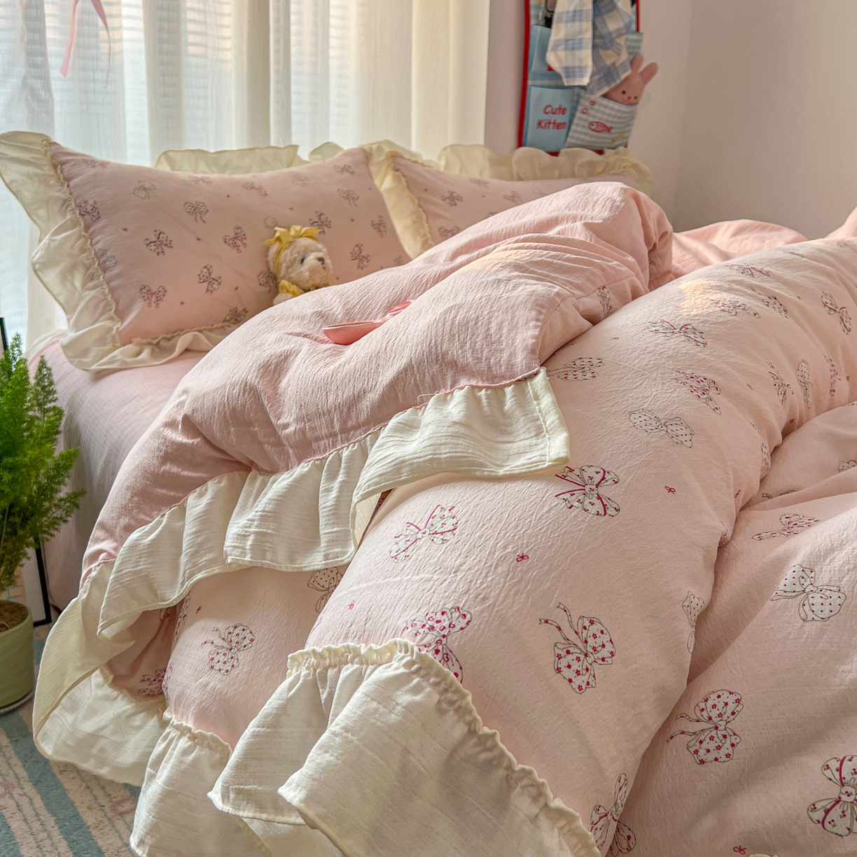 91家纺网 家纺一手货源 找家纺 老K (原美阁） 2026新款木棉双层纱四件套卡通韩版公主风四件套 初恋蝴蝶结