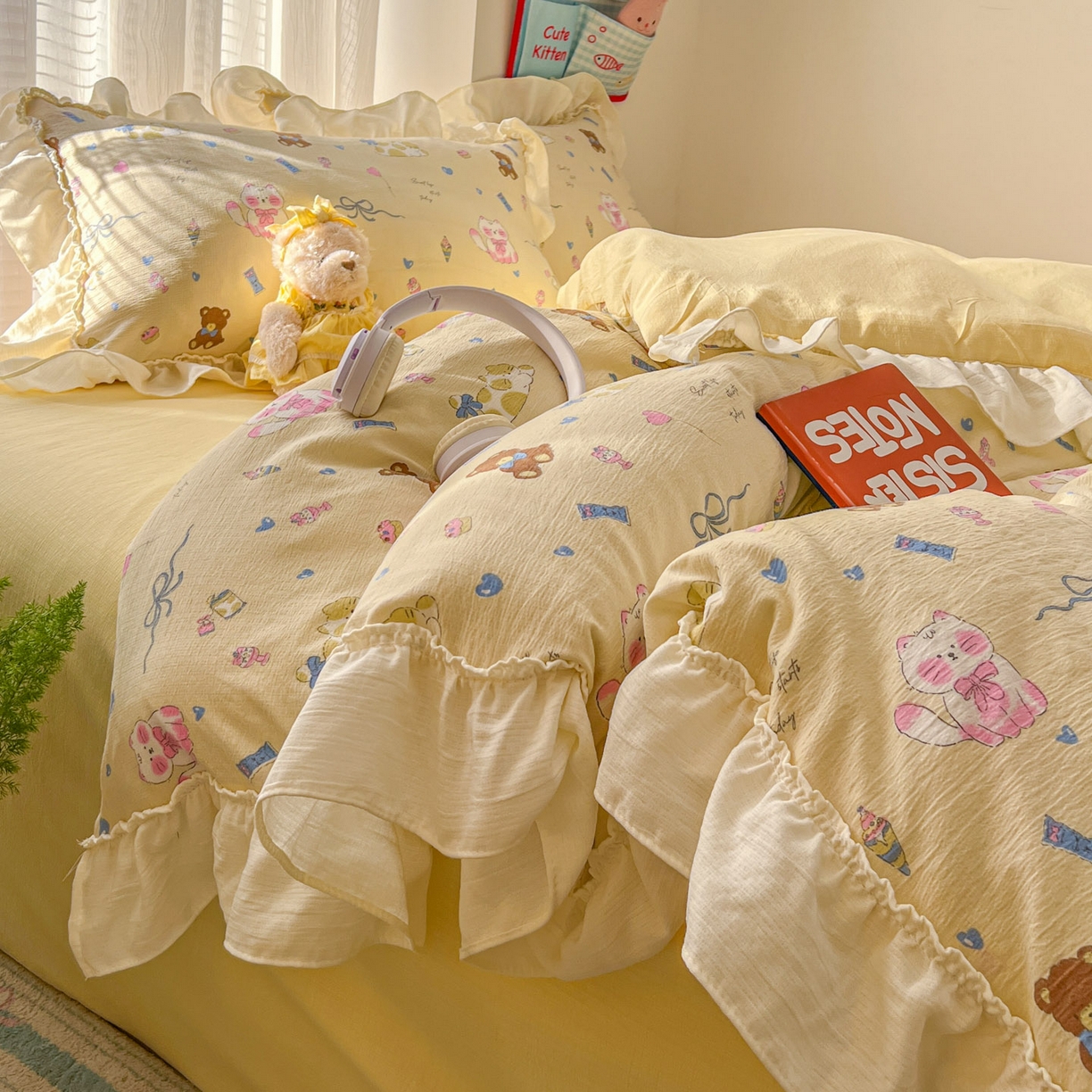 91家纺网 家纺一手货源 找家纺 老K (原美阁） 2026新款木棉双层纱四件套卡通韩版公主风四件套 抱抱熊