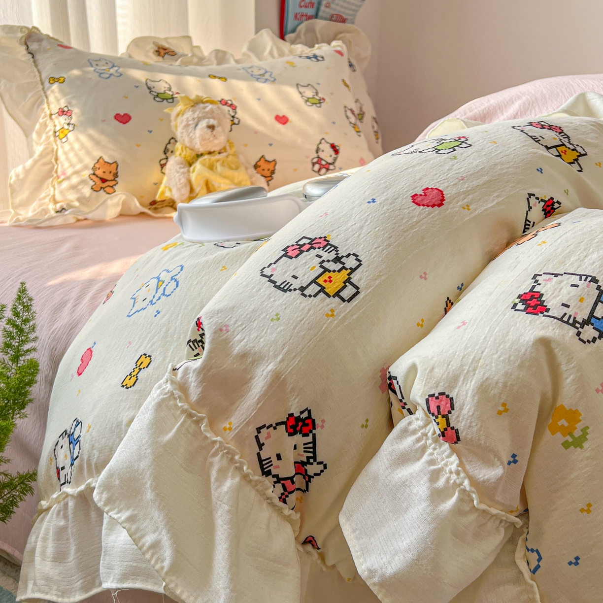 91家纺网 家纺一手货源 找家纺 老K (原美阁） 2026新款木棉双层纱四件套卡通韩版公主风四件套 爱心猫