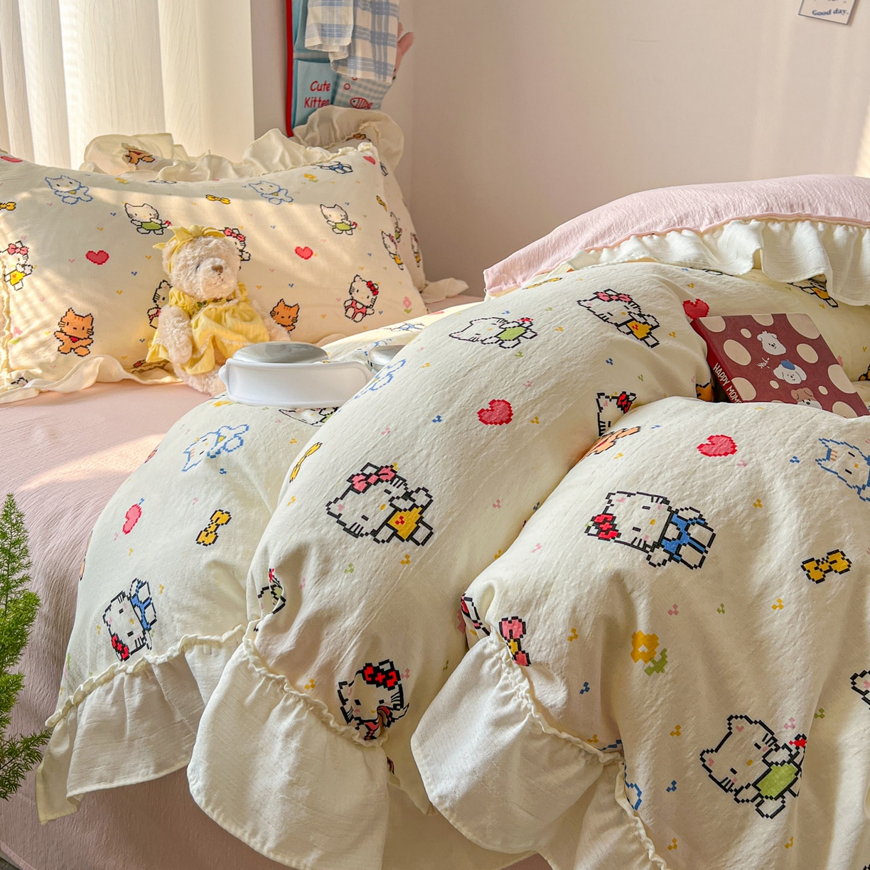91家纺网 家纺一手货源 找家纺 老K (原美阁） 2026新款木棉双层纱四件套卡通韩版公主风四件套 爱心猫
