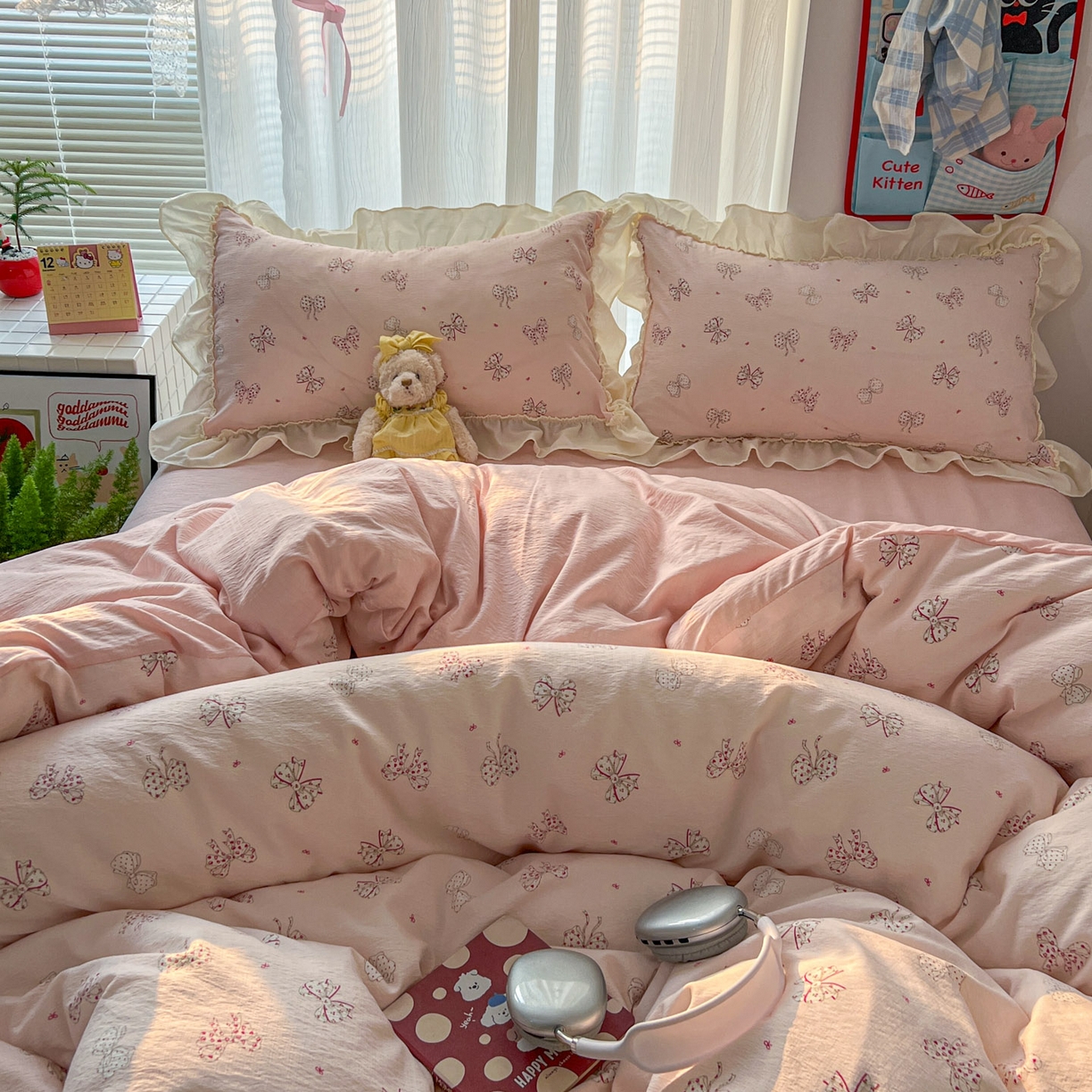 91家纺网 家纺一手货源 找家纺 老K (原美阁） 2026新款木棉双层纱四件套卡通韩版公主风四件套 初恋蝴蝶结