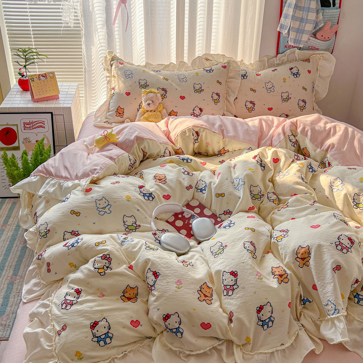 91家纺网 家纺一手货源 找家纺 老K (原美阁） 2026新款木棉双层纱四件套卡通韩版公主风四件套 爱心猫