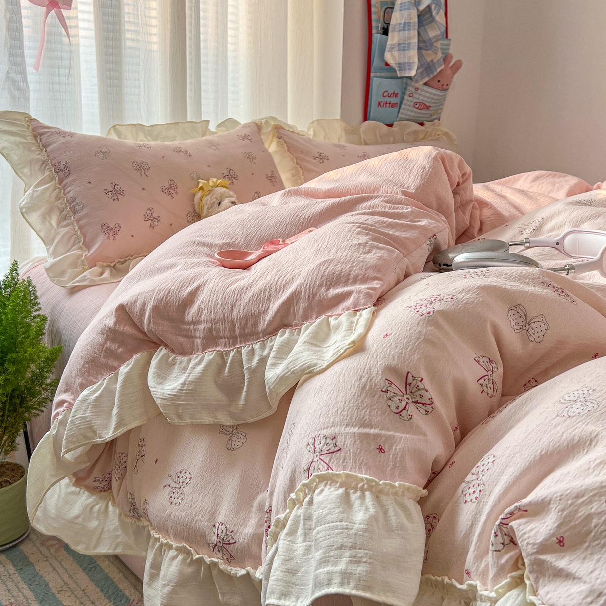 老K (原美阁） 2026新款木棉双层纱四件套卡通韩版公主风四件套 初恋蝴蝶结