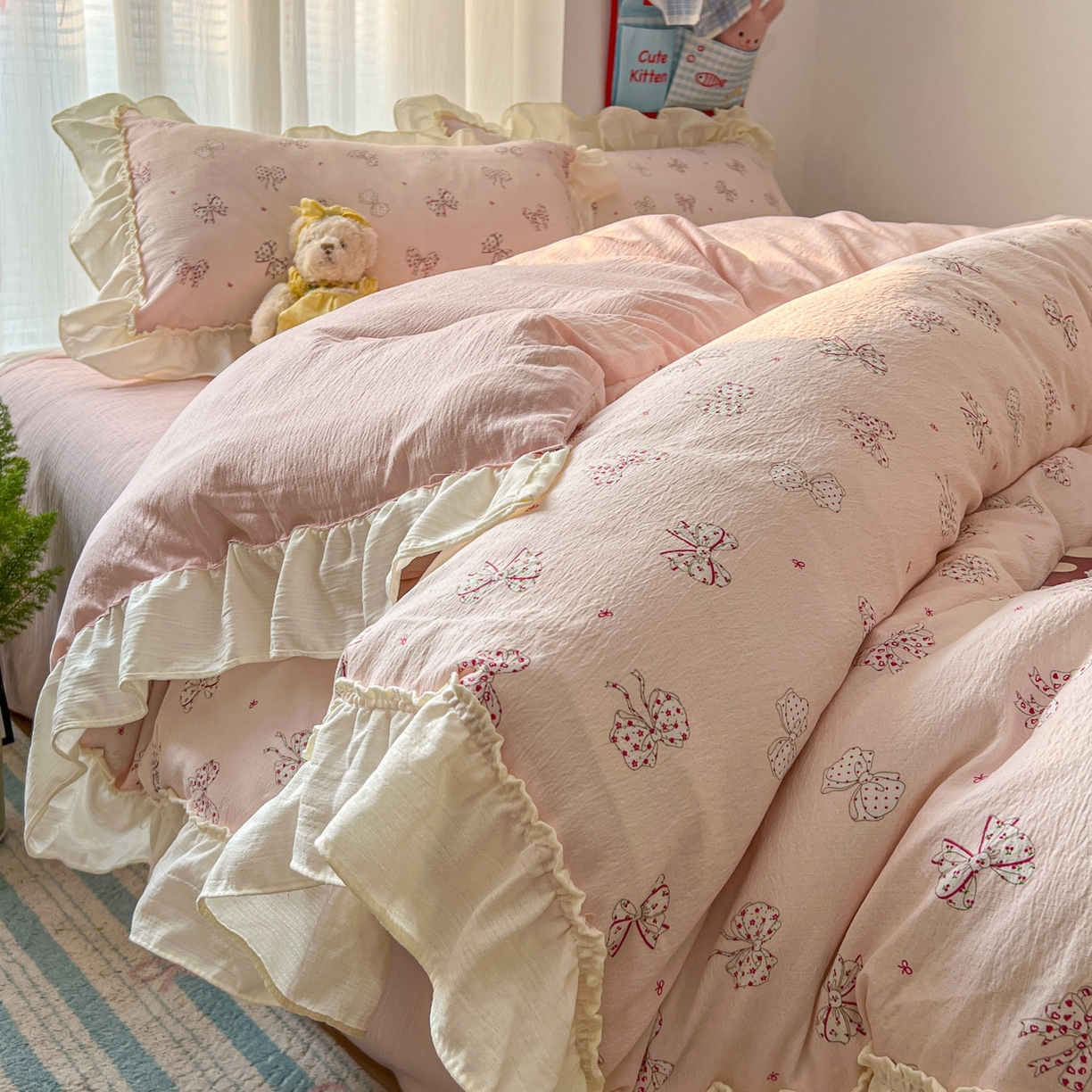 91家纺网 家纺一手货源 找家纺 老K (原美阁） 2026新款木棉双层纱四件套卡通韩版公主风四件套 初恋蝴蝶结