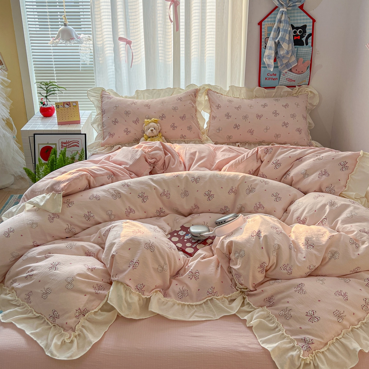 91家纺网 家纺一手货源 找家纺 老K (原美阁） 2026新款木棉双层纱四件套卡通韩版公主风四件套 初恋蝴蝶结