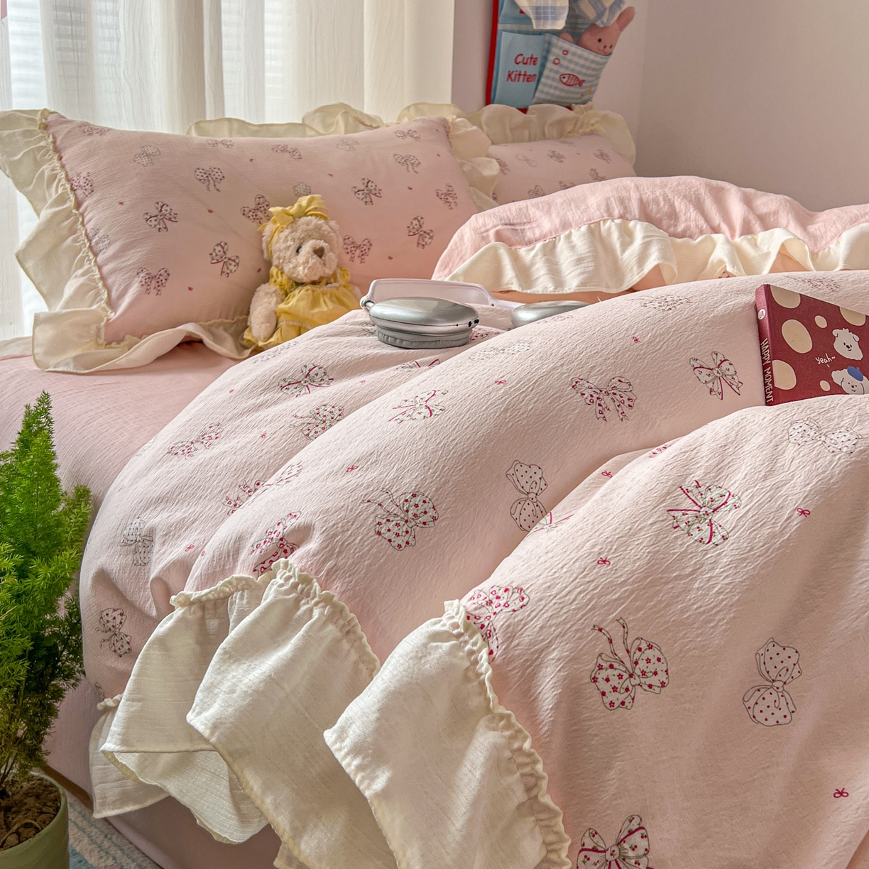 91家纺网 家纺一手货源 找家纺 老K (原美阁） 2026新款木棉双层纱四件套卡通韩版公主风四件套 初恋蝴蝶结