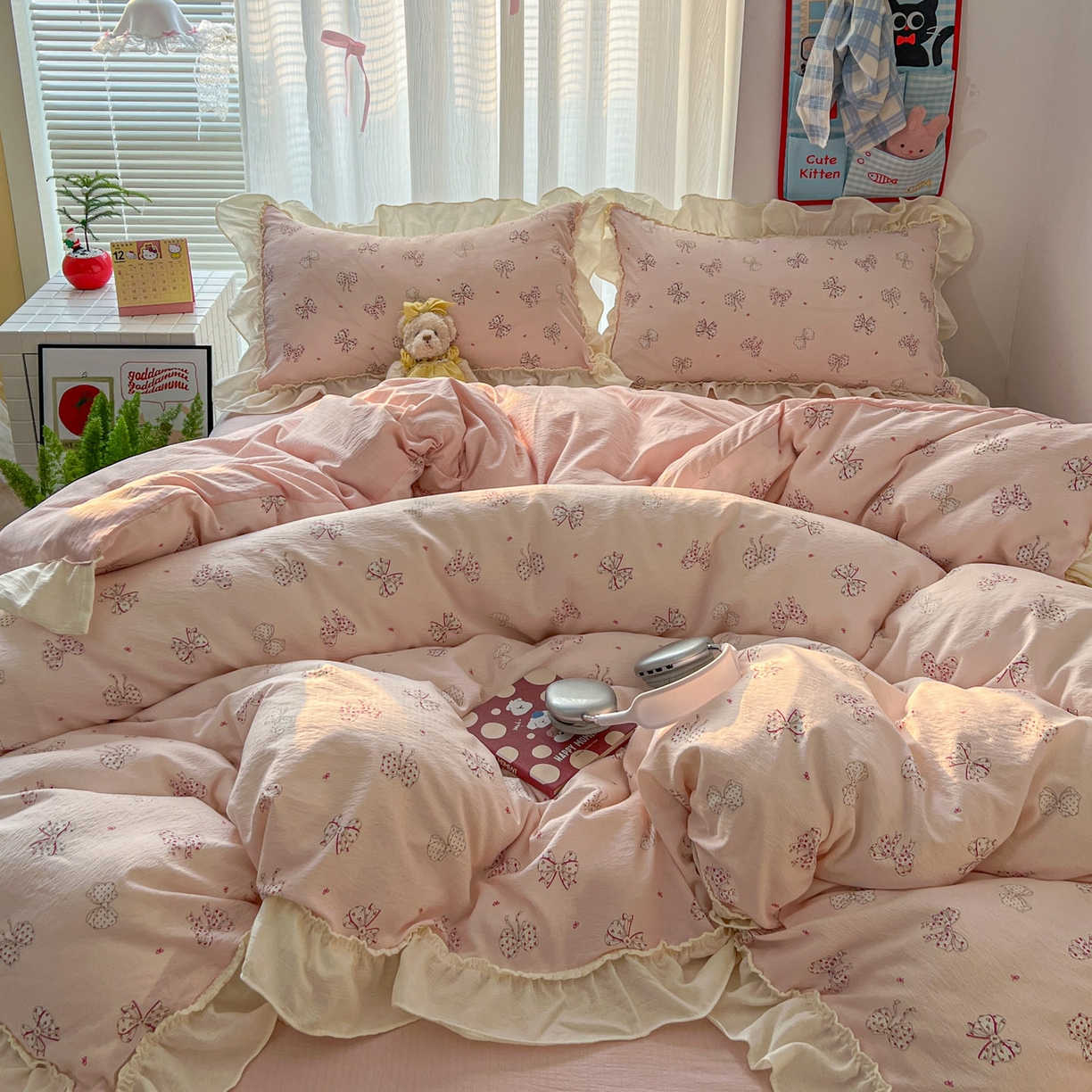 91家纺网 家纺一手货源 找家纺 老K (原美阁） 2026新款木棉双层纱四件套卡通韩版公主风四件套 初恋蝴蝶结