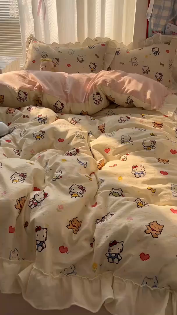 91家纺网 家纺一手货源 找家纺 老K (原美阁） 2026新款木棉双层纱四件套卡通韩版公主风四件套 爱心猫