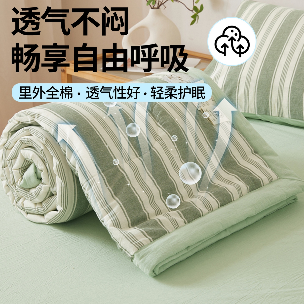 91家纺网 家纺一手货源 找家纺 西域种棉人·千百笠 2026新款A类里外全棉夏凉被100%新疆棉纯棉全棉填充无印格子款空调被夏被 里外全棉-绿条格