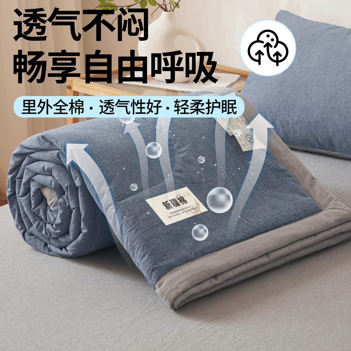 91家纺网 家纺一手货源 找家纺 西域种棉人·千百笠 2026新款A类里外全棉夏凉被100%新疆棉纯棉全棉填充无印格子款空调被夏被 里外全棉-双拼蓝