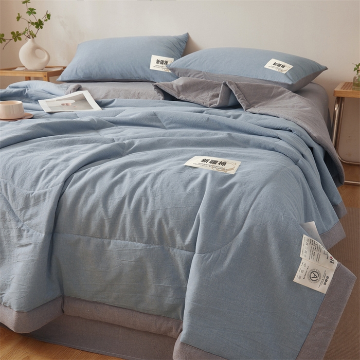 91家纺网 家纺一手货源 找家纺 西域种棉人·千百笠 2026新款A类里外全棉夏凉被100%新疆棉纯棉全棉填充无印格子款空调被夏被 里外全棉-双拼浅蓝
