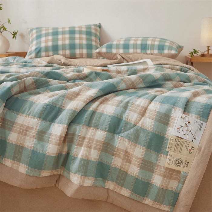 91家纺网 家纺一手货源 找家纺 西域种棉人·千百笠 2026新款A类里外全棉夏凉被100%新疆棉纯棉全棉填充无印格子款空调被夏被 里外全棉-绿咖格